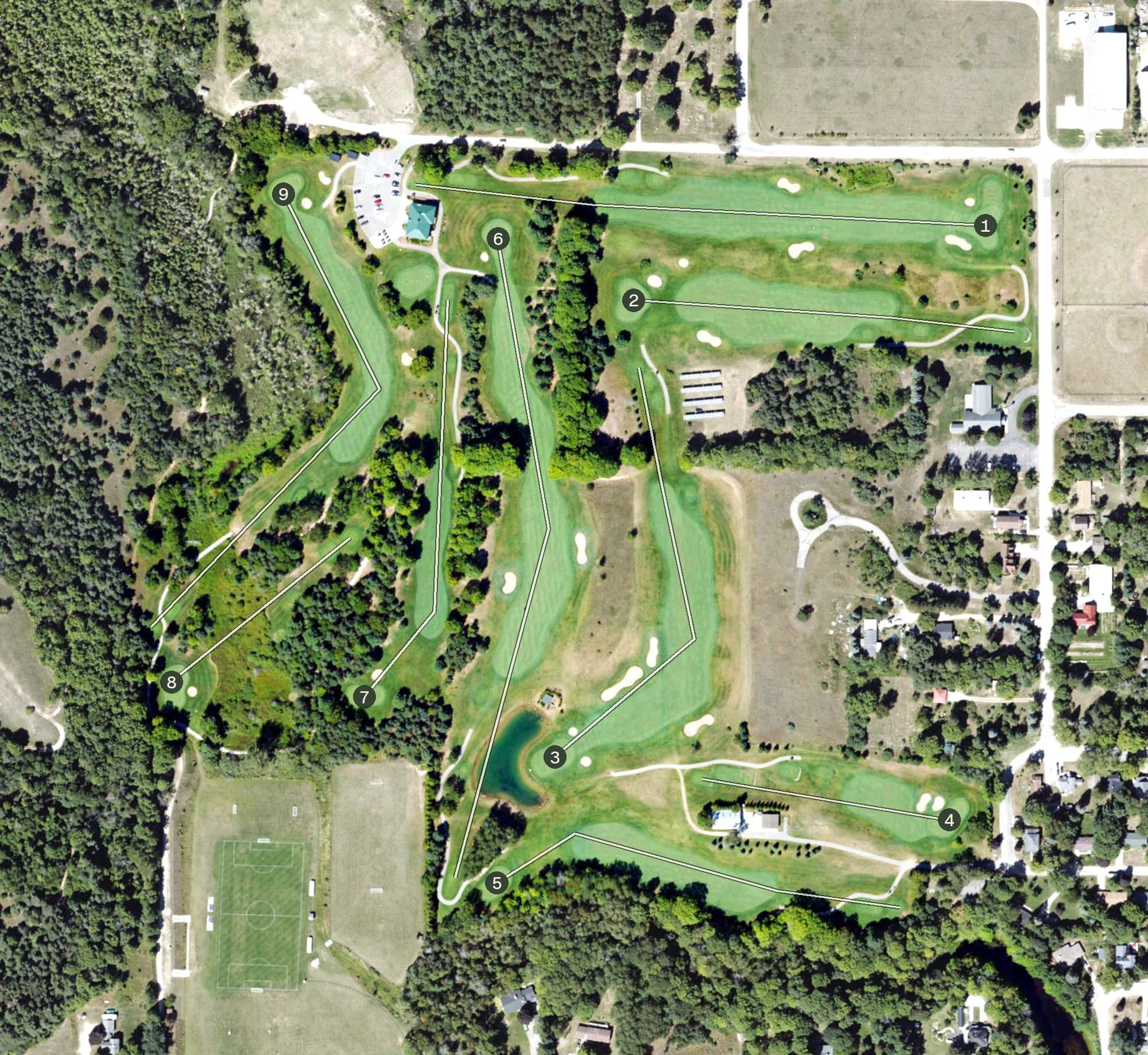 Aerial view of Northport Creek, MI, with its hole routing marked