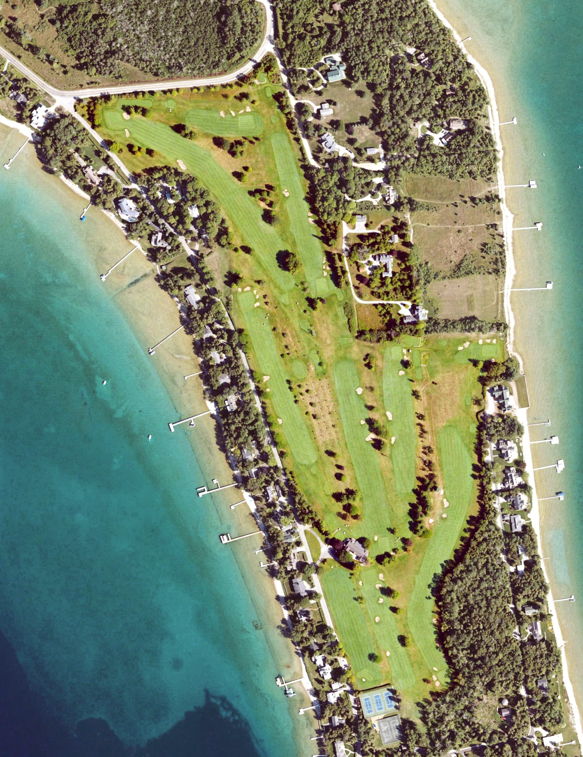 Aerial view of Northport Point Golf Club, MI, with its hole routing marked