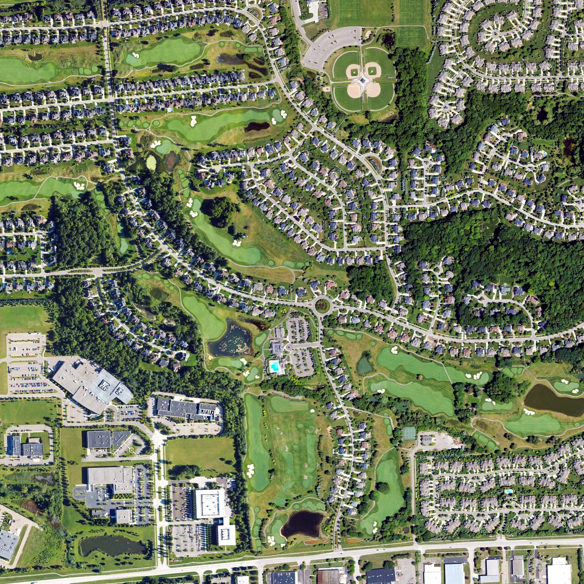 Aerial view of Northville Hills Golf Club, MI, with its hole routing marked