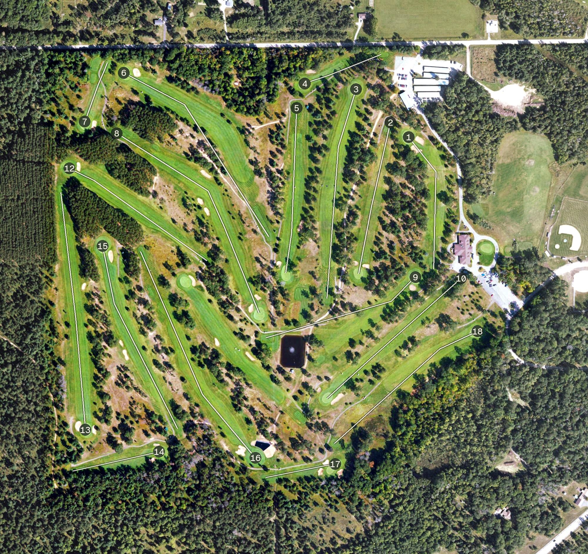 Aerial view of Oak Crest Golf Course, MI, with its hole routing marked