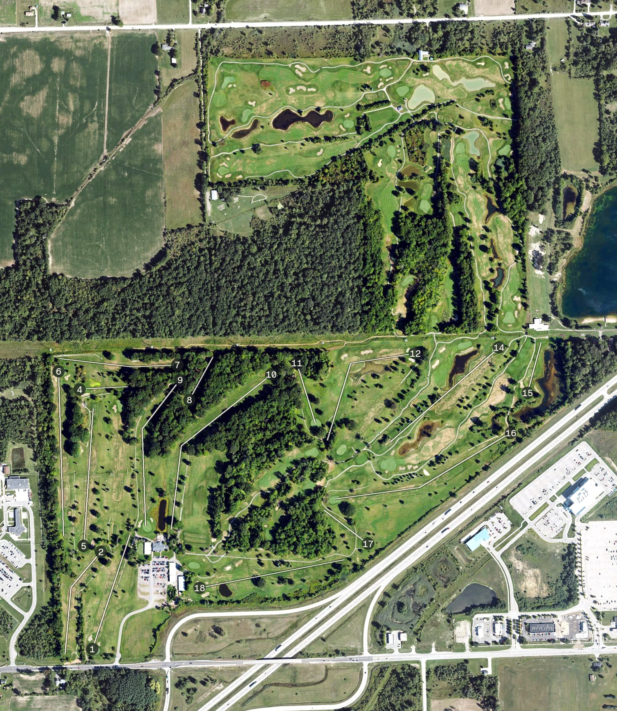 Aerial view of Oak Ridge Golf Club, MI, with its hole routing marked
