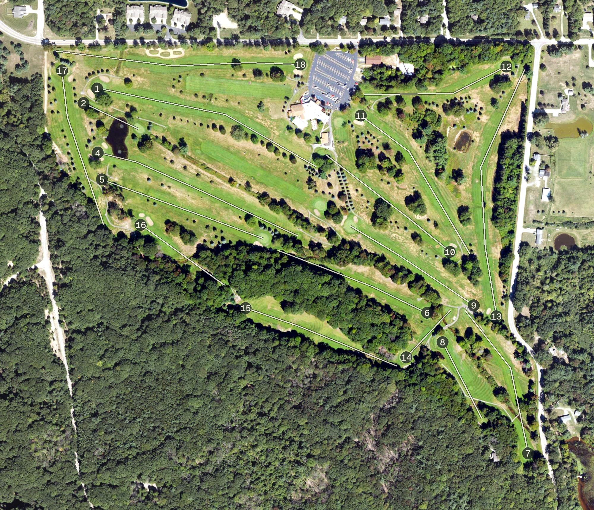 Aerial view of Oak Ridge Golf Club, MI, with its hole routing marked
