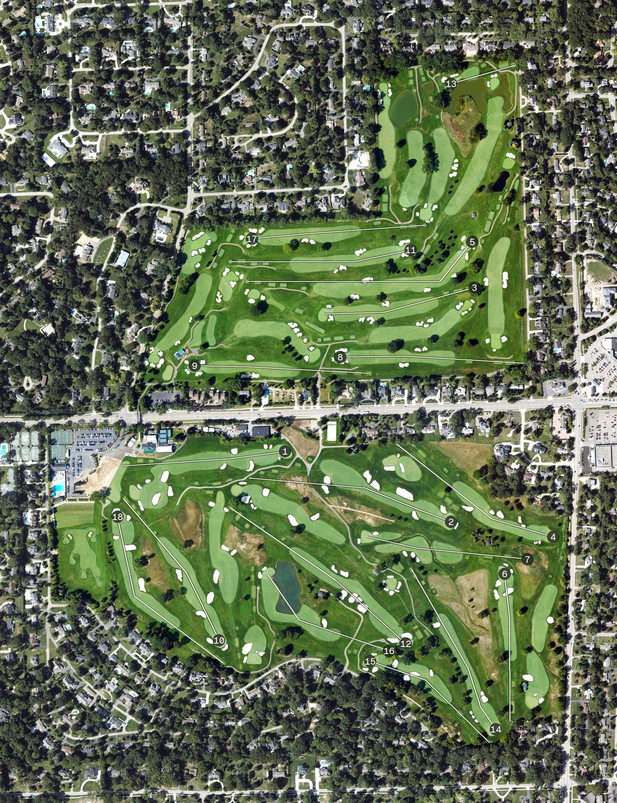 Aerial view of Oakland Hills Country Club, MI, with its hole routing marked