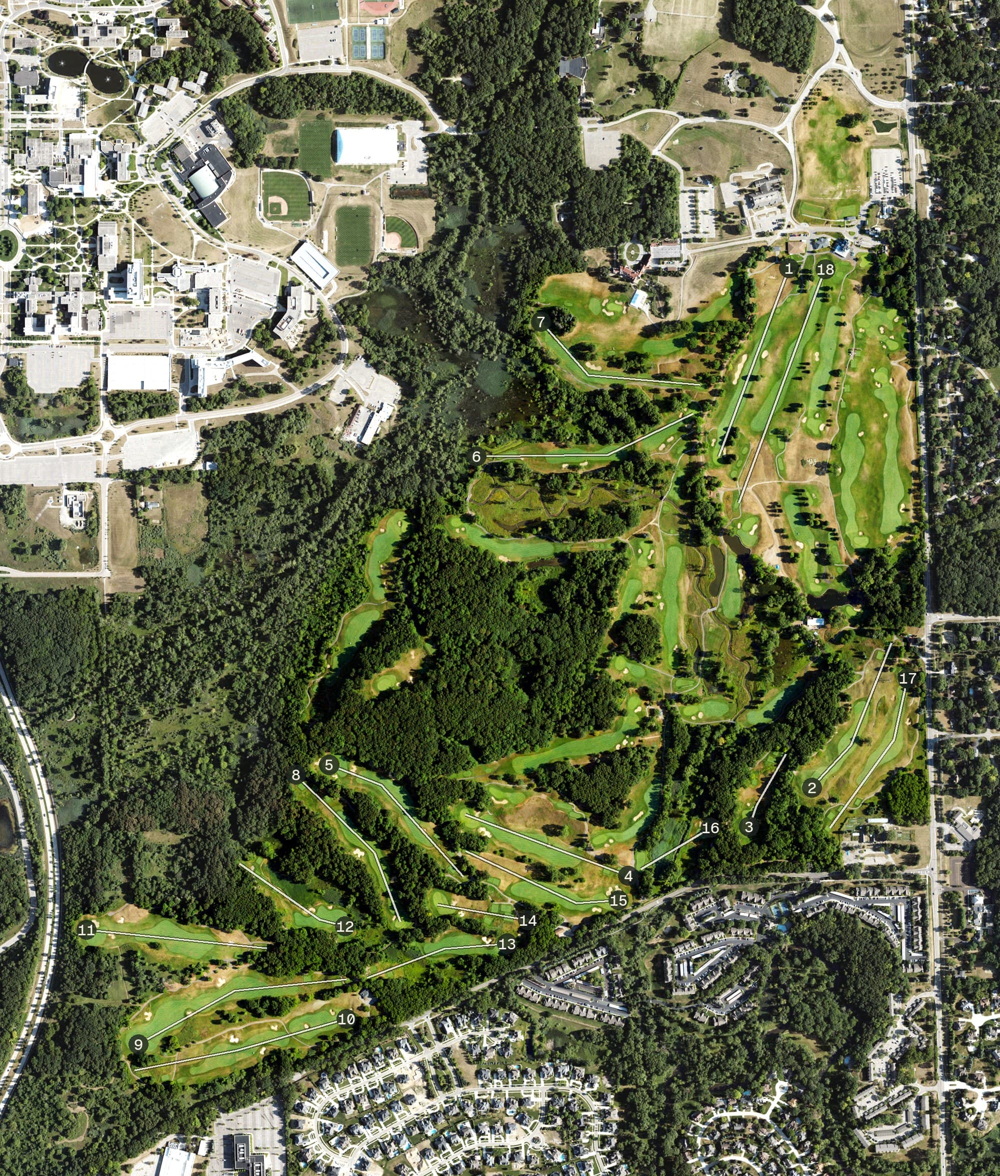 Aerial view of Oakland University Golf and Learning Center, MI, with its hole routing marked
