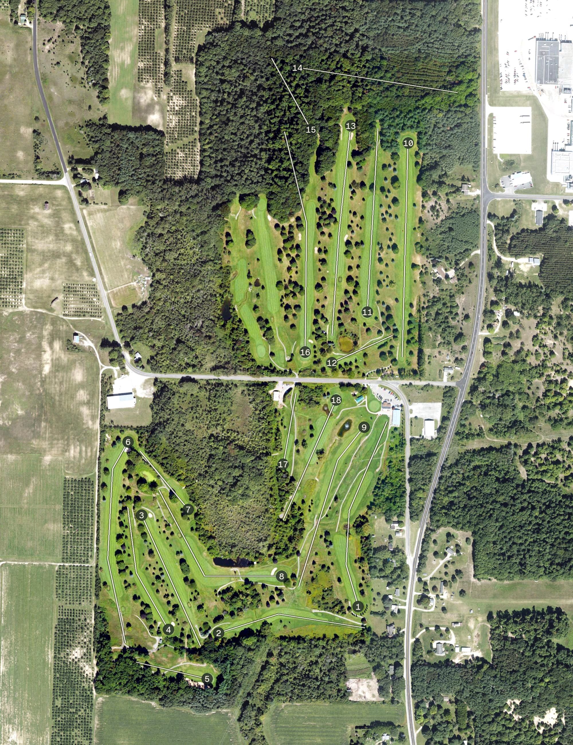 Aerial view of Oceana Golf Club, MI, with its hole routing marked