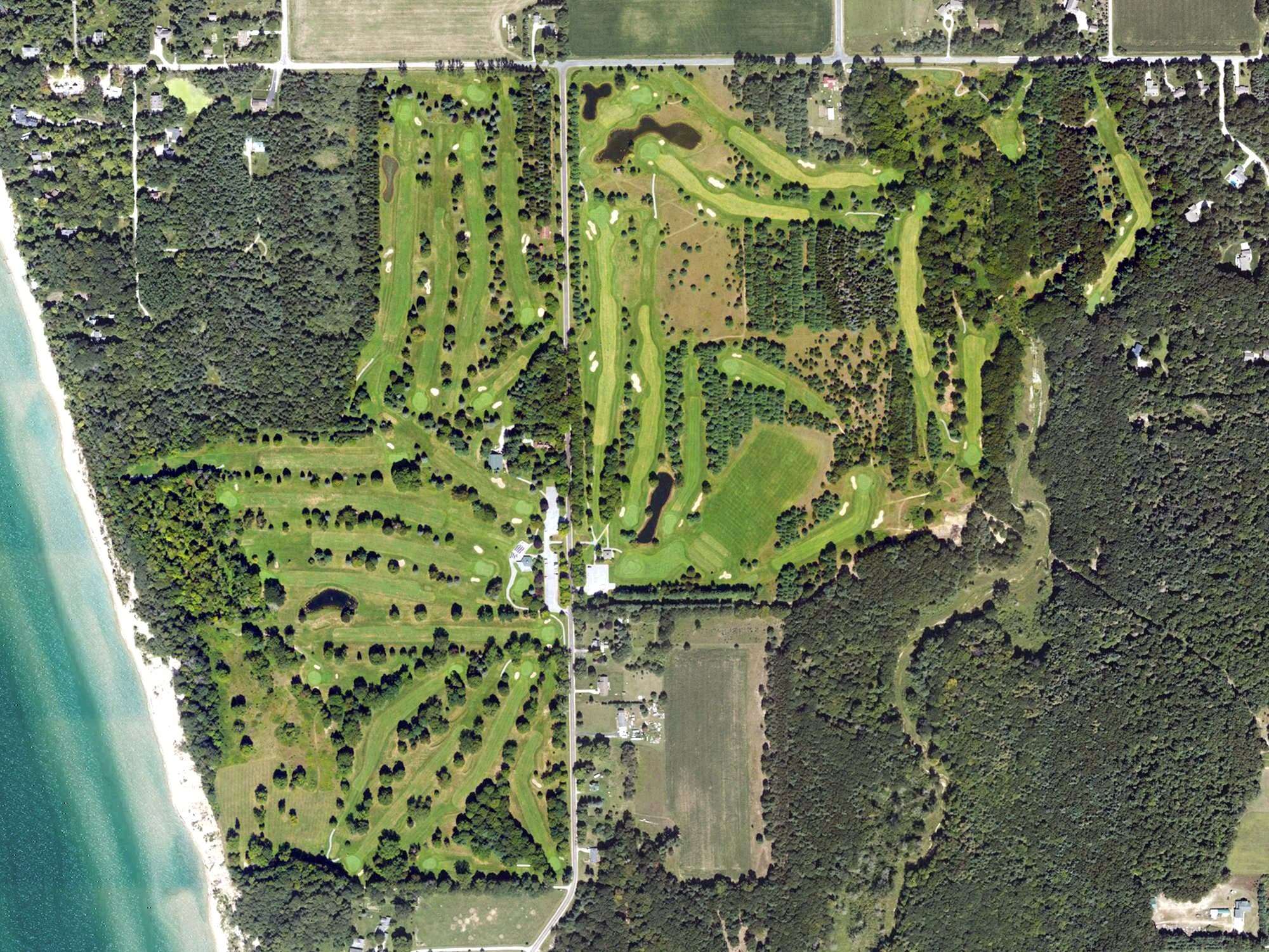 Aerial view of Old Channel Trail, MI, with its hole routing marked