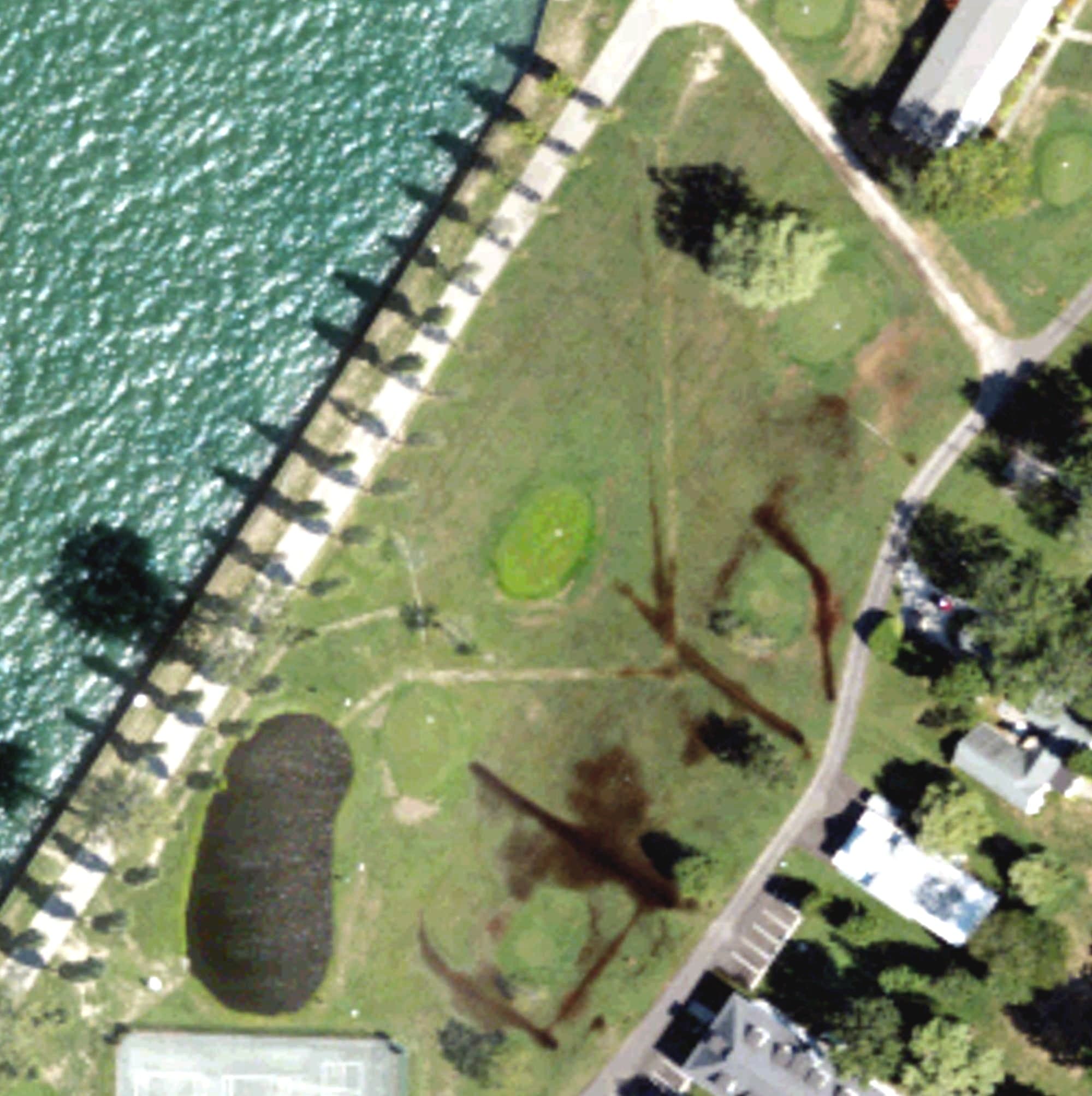 Aerial view of Old Club Par 3 Course, MI, with its hole routing marked