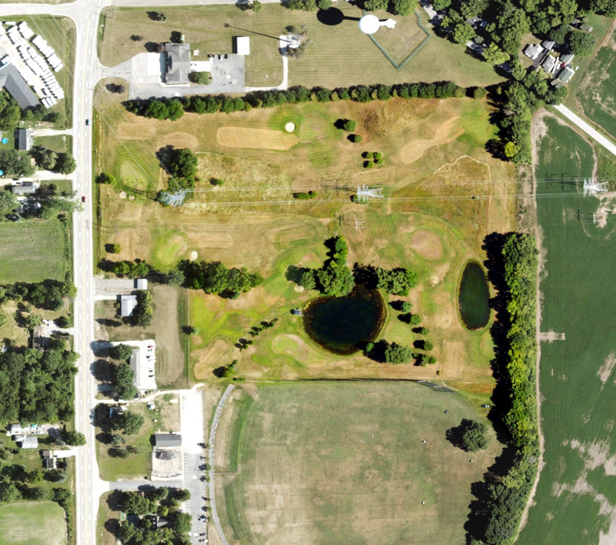 Aerial view of Old Town Golf Course, MI, with its hole routing marked