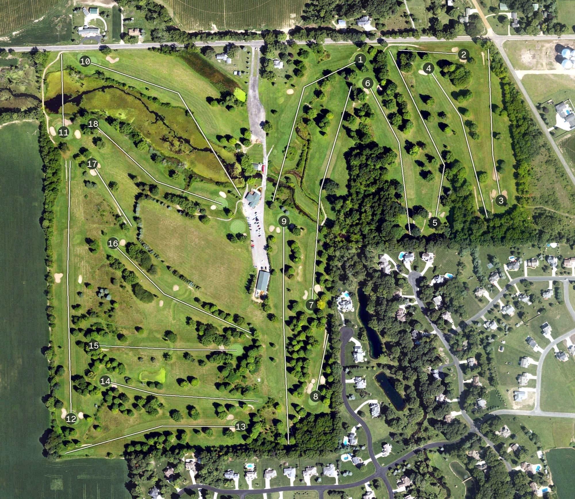 Aerial view of Olde Mill Golf Club, MI, with its hole routing marked