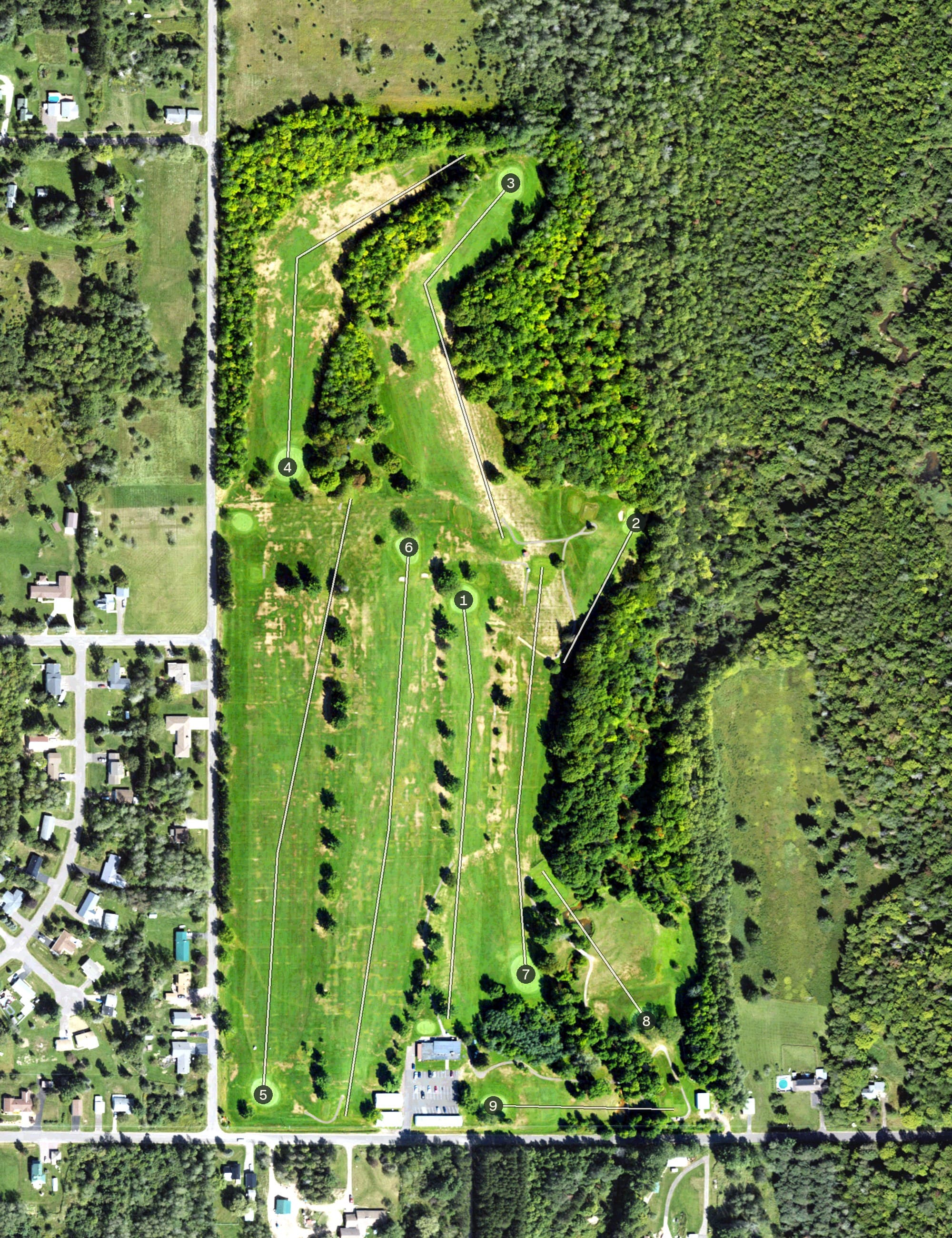 Aerial view of Ontonagon Golf Club, MI, with its hole routing marked