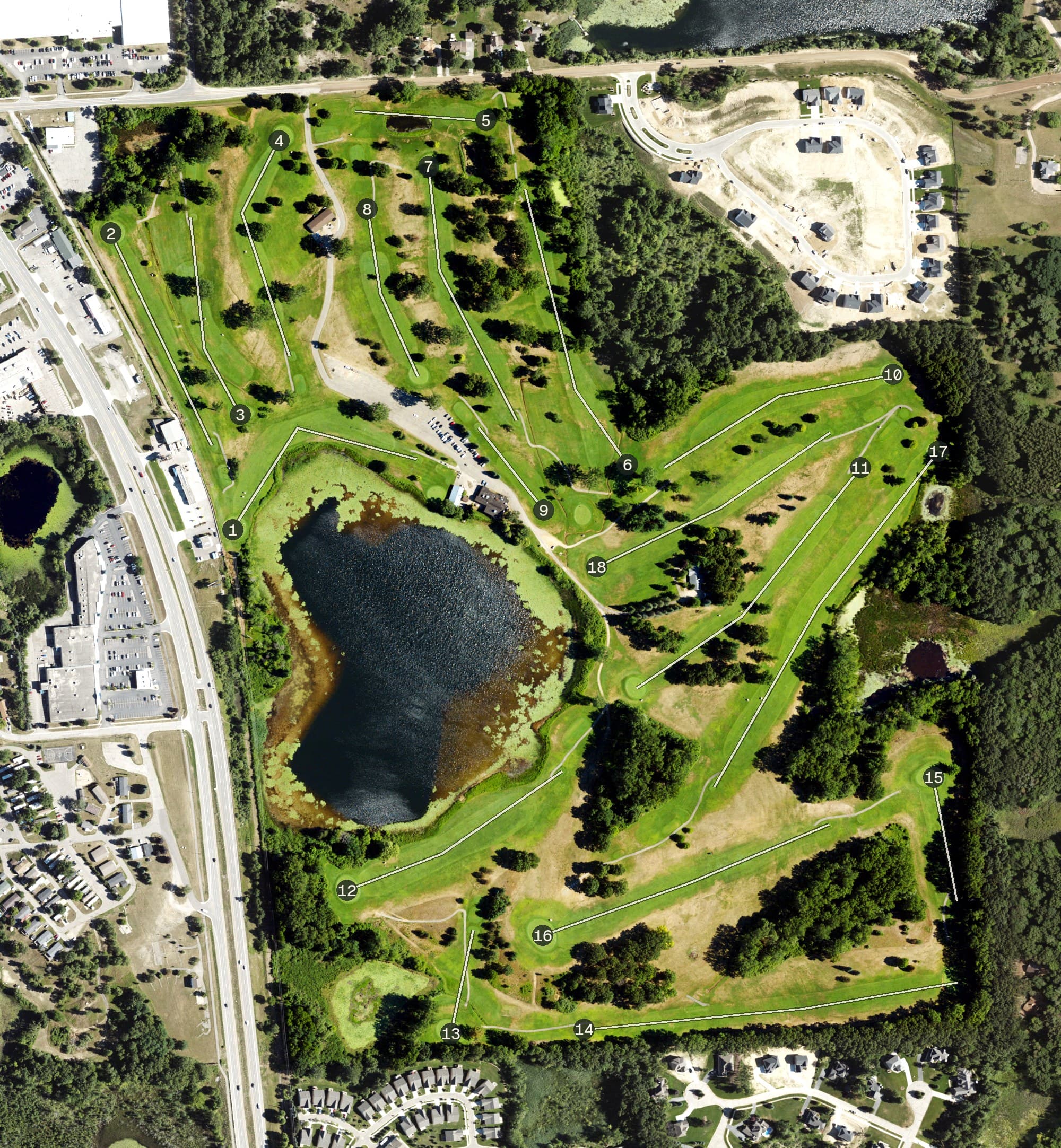 Aerial view of Oxford Hills Country Club, MI, with its hole routing marked