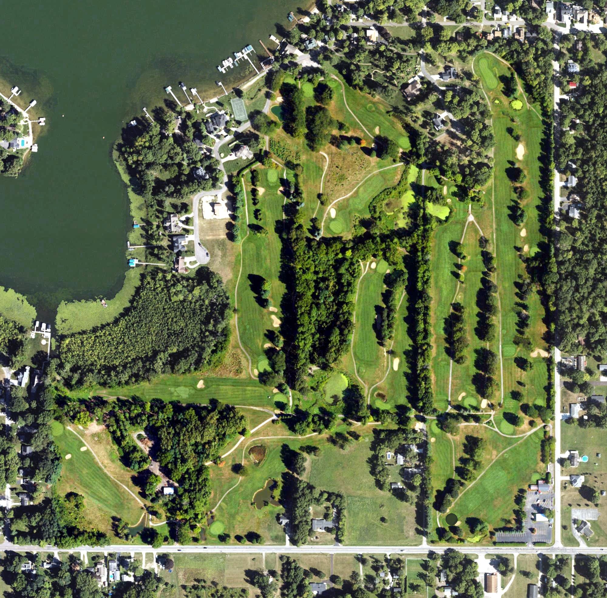 Aerial view of Paw Paw Lake Golf Course, MI, with its hole routing marked