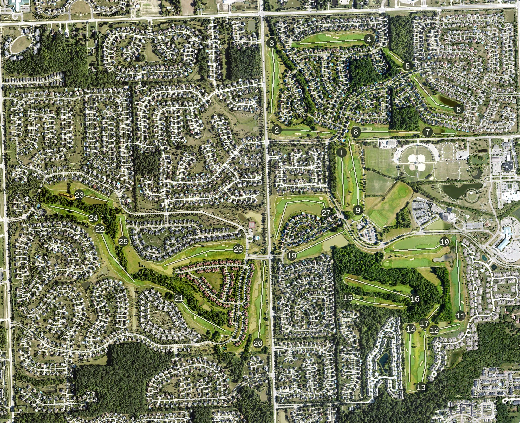 Aerial view of Pheasant Run Golf Club, MI, with its hole routing marked