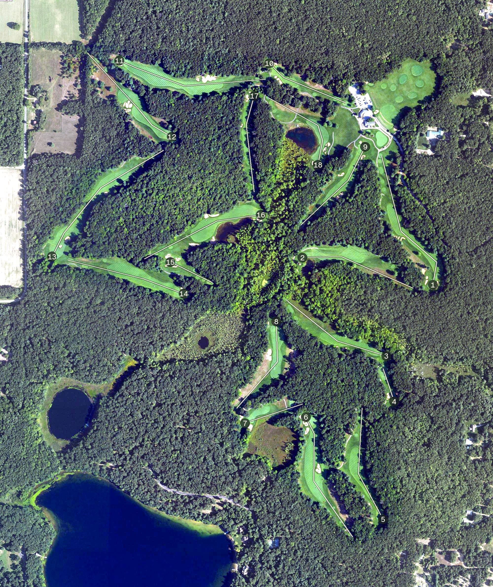 Aerial view of Pilgrim's Run Golf Course, MI, with its hole routing marked