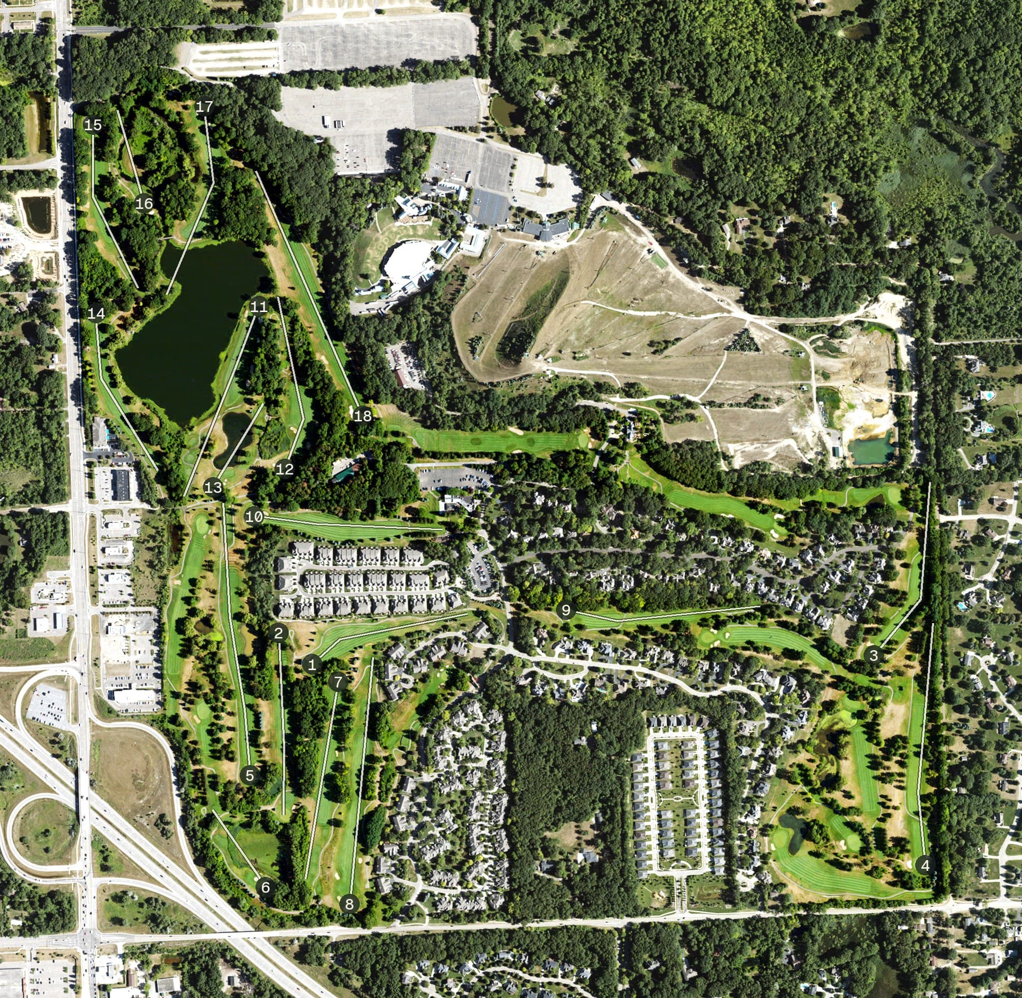 Aerial view of Pine Knob Golf Club, MI, with its hole routing marked