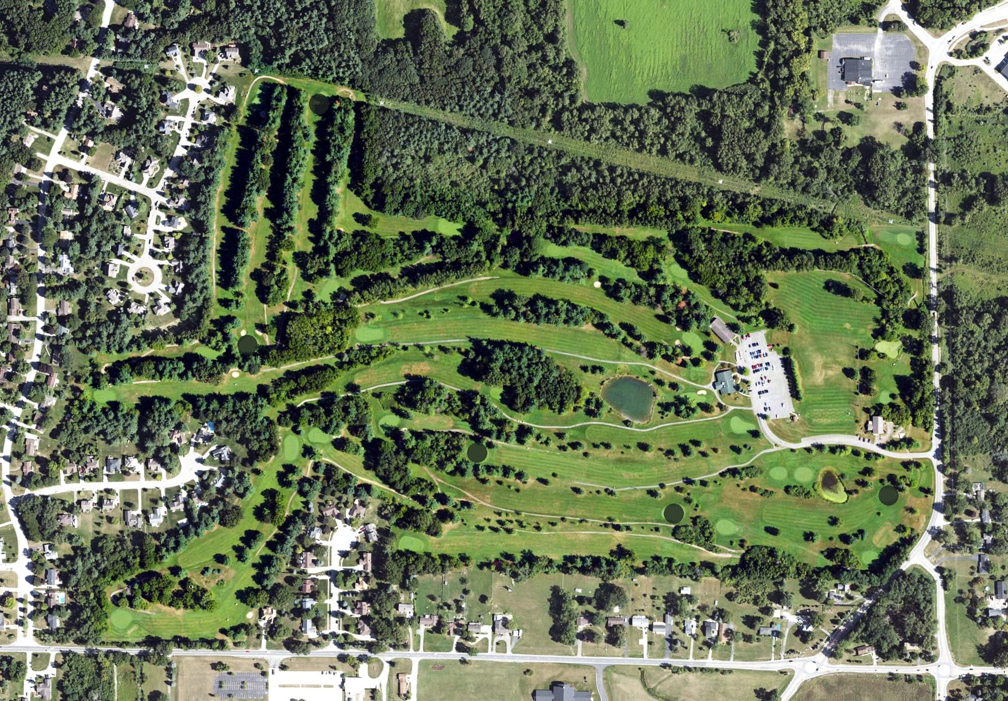 Aerial view of Pine View Golf Course, MI, with its hole routing marked