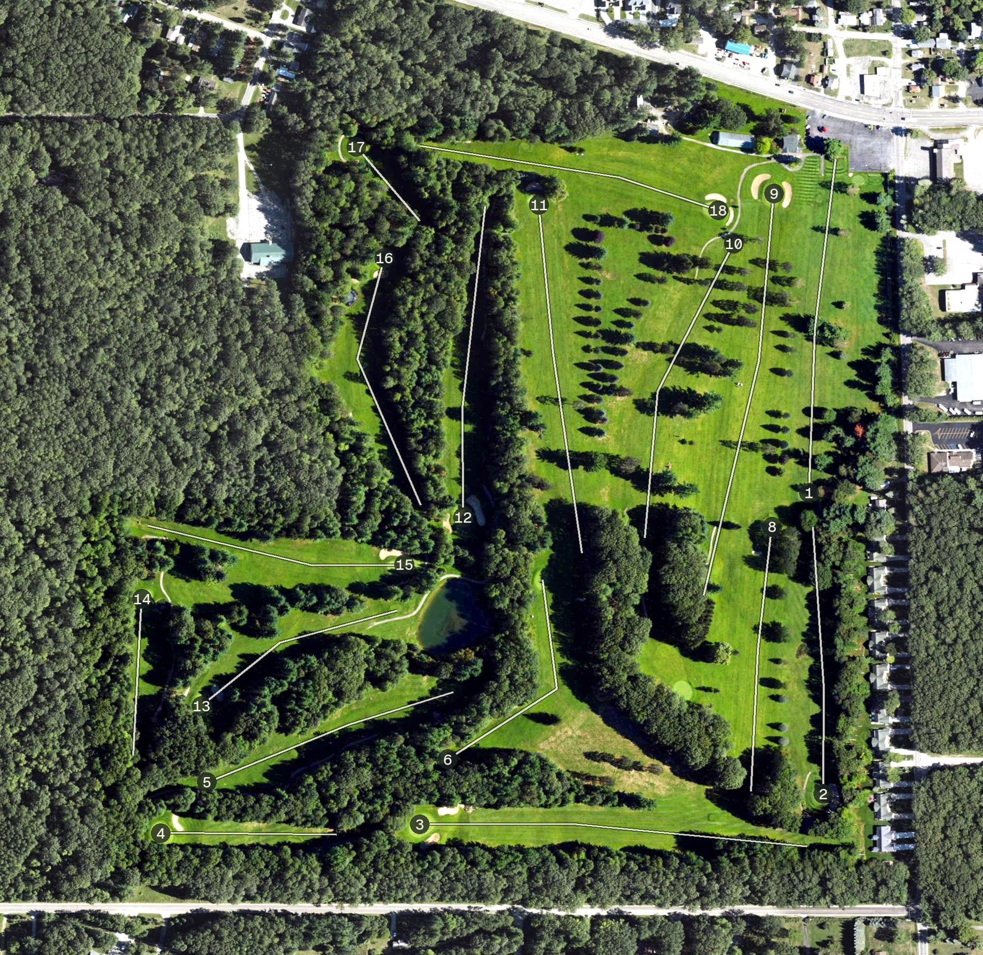Aerial view of Pine View Highlands, MI, with its hole routing marked
