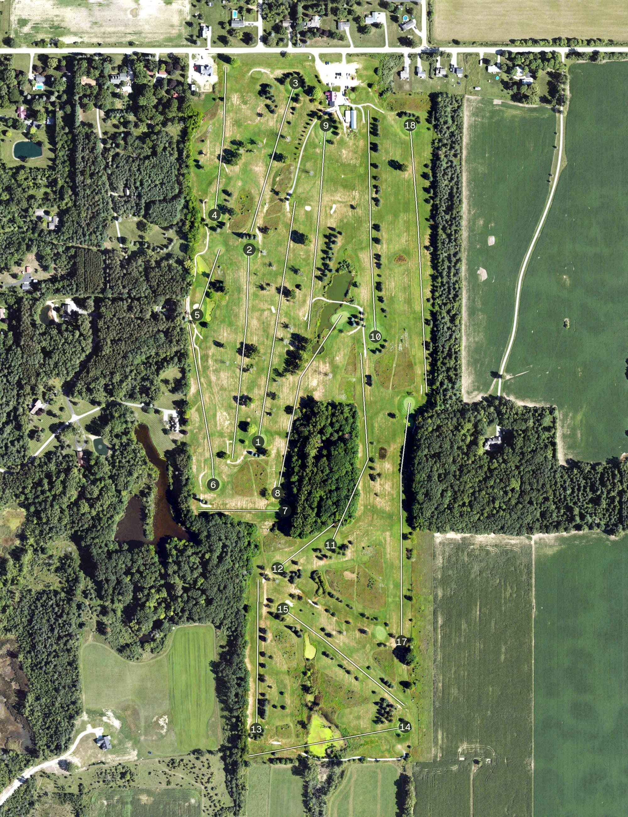 Aerial view of Pleasant Hills Golf Course, MI, with its hole routing marked