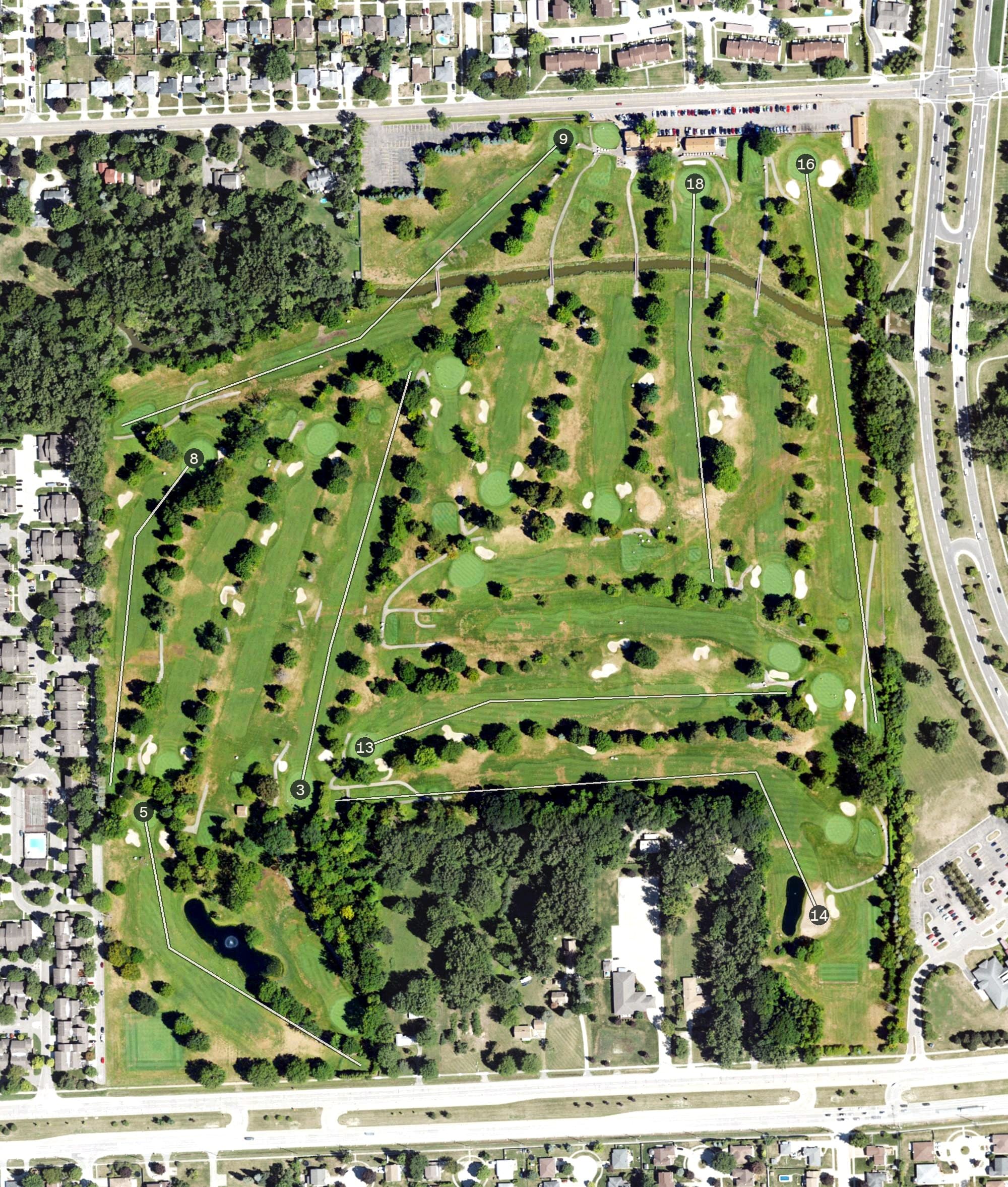Aerial view of Plum Brook Golf Course, MI, with its hole routing marked