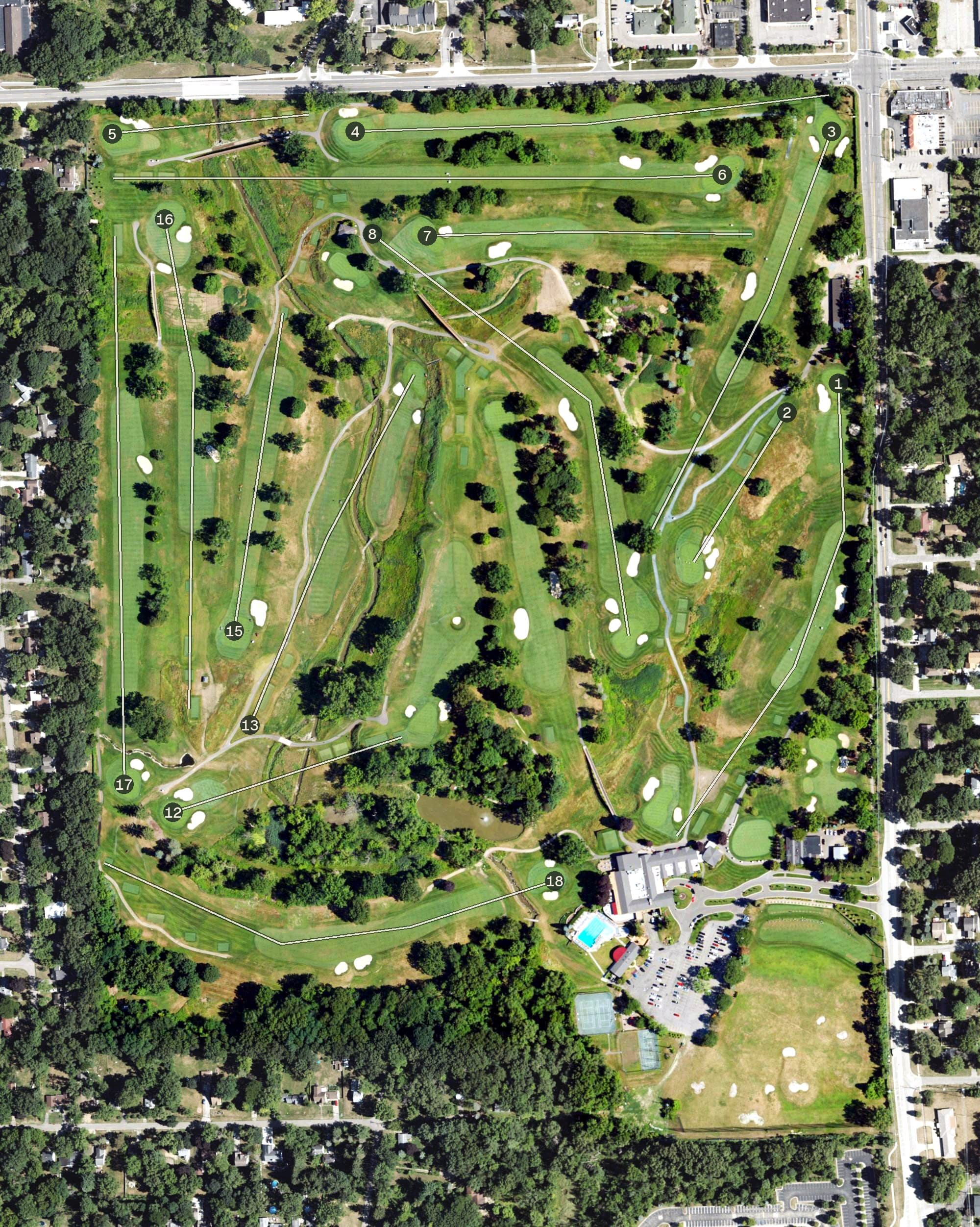 Aerial view of Plum Hollow Country Club, MI, with its hole routing marked