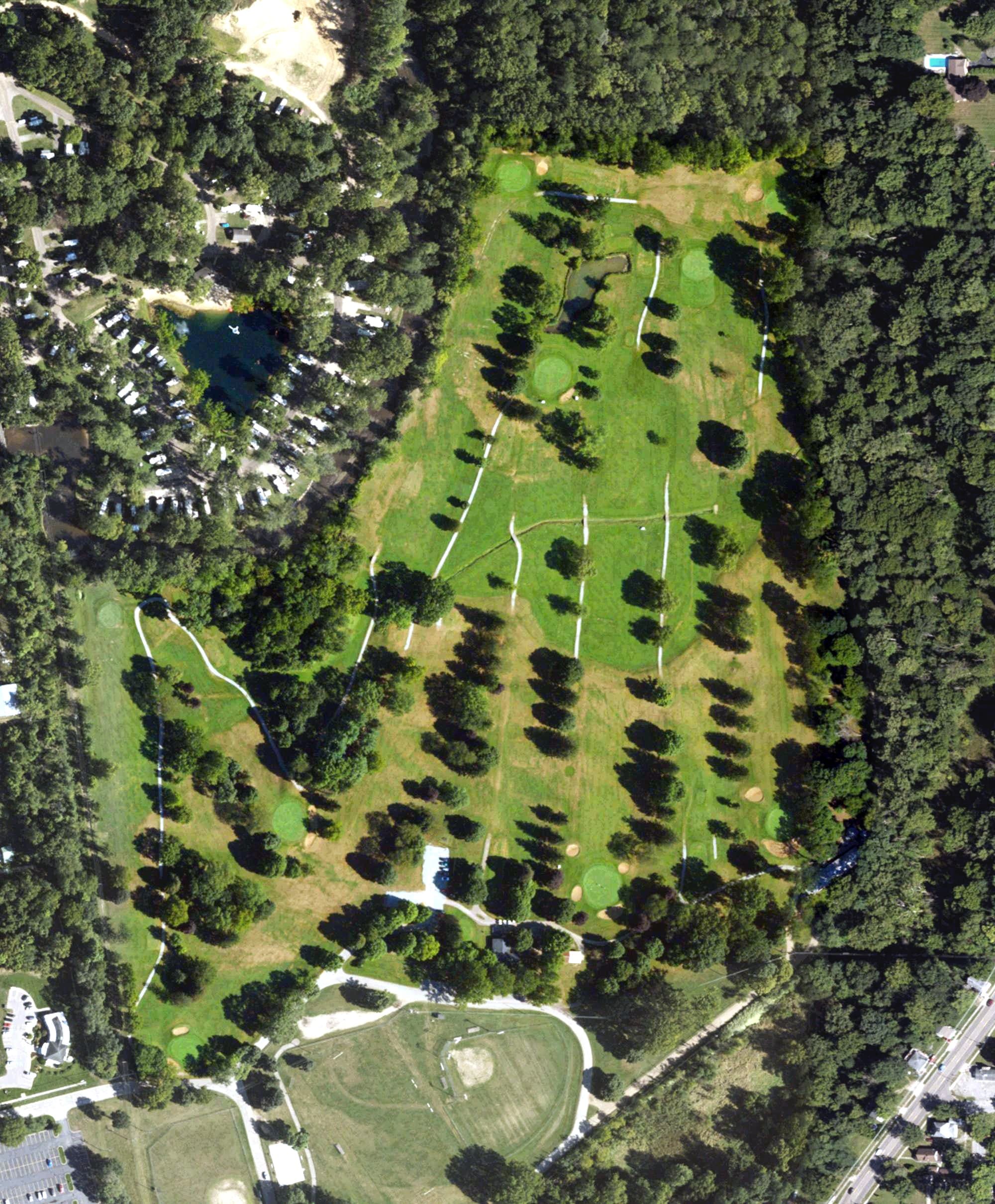 Aerial view of Plym Park Golf Course, MI, with its hole routing marked