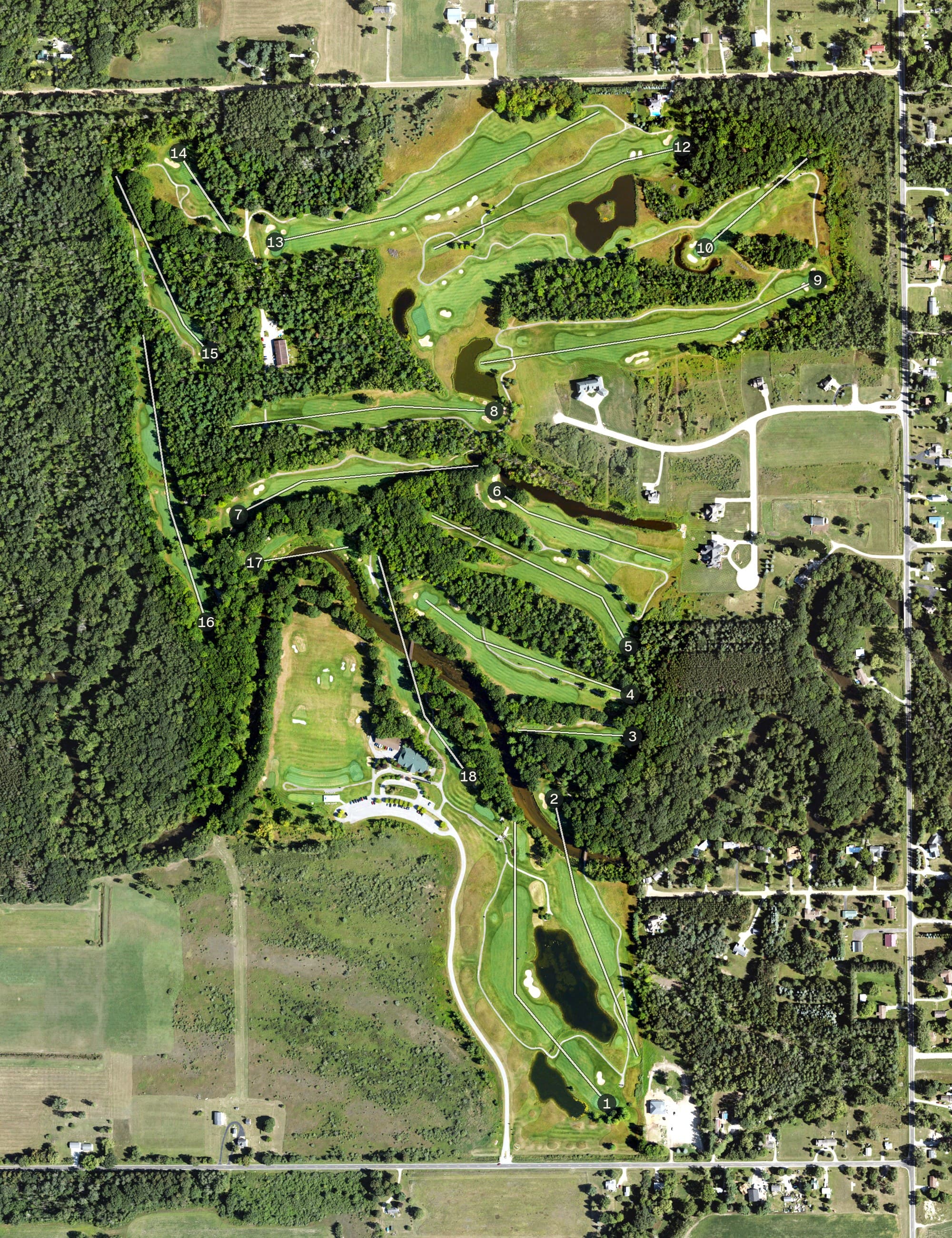 Aerial view of Pohlcat, MI, with its hole routing marked