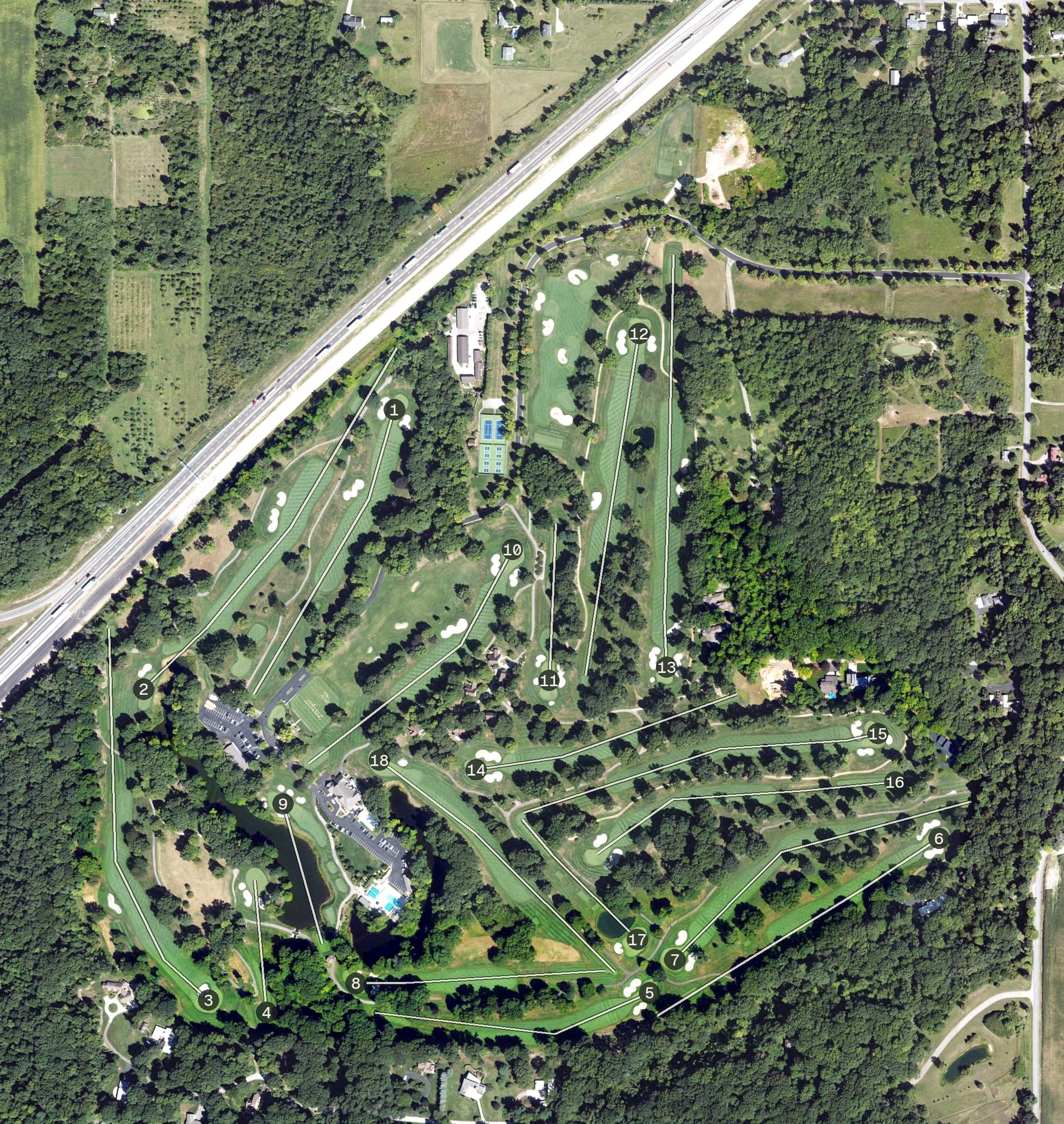 Aerial view of Point O' Woods, MI, with its hole routing marked