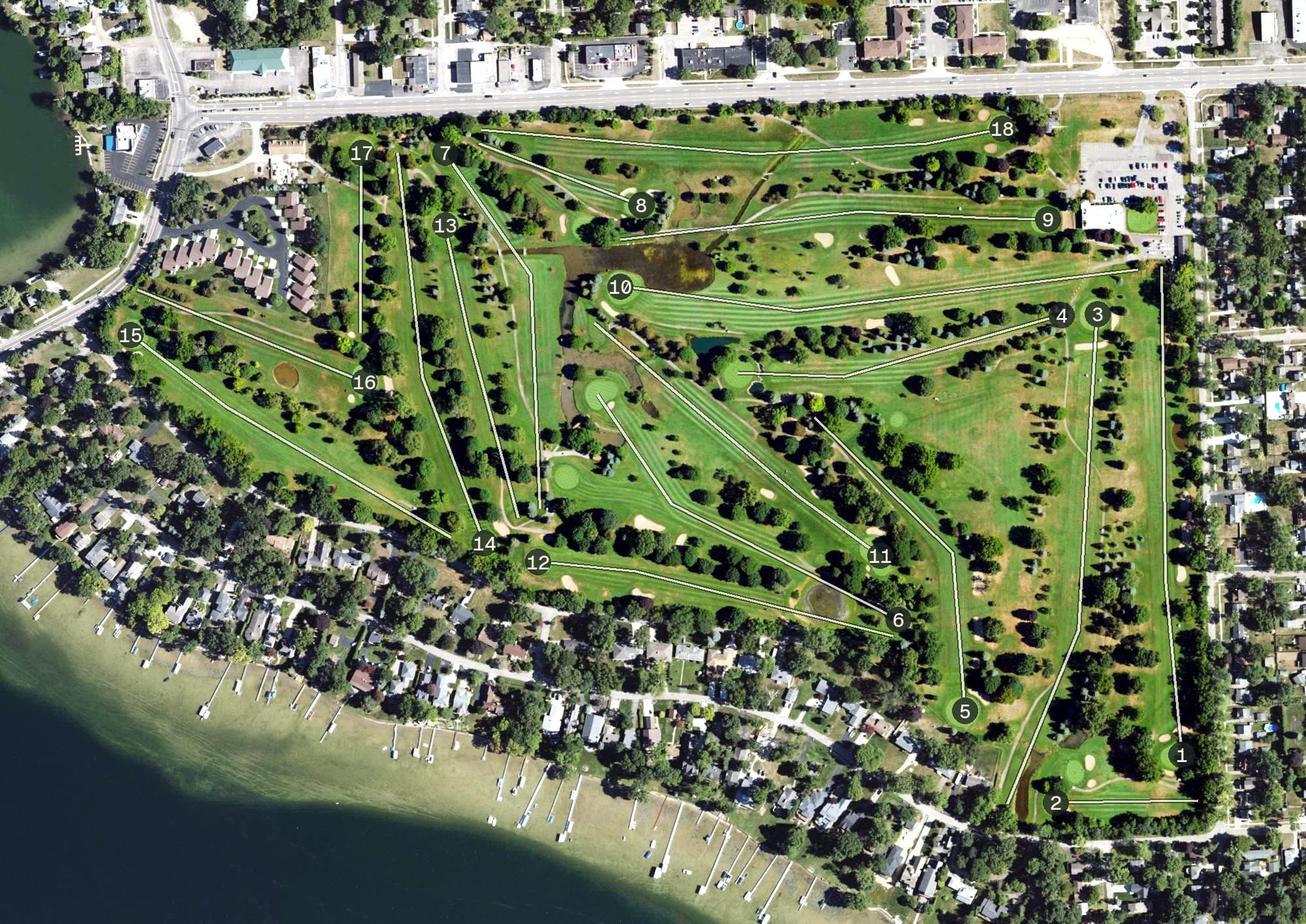 Aerial view of Pontiac Country Club, MI, with its hole routing marked