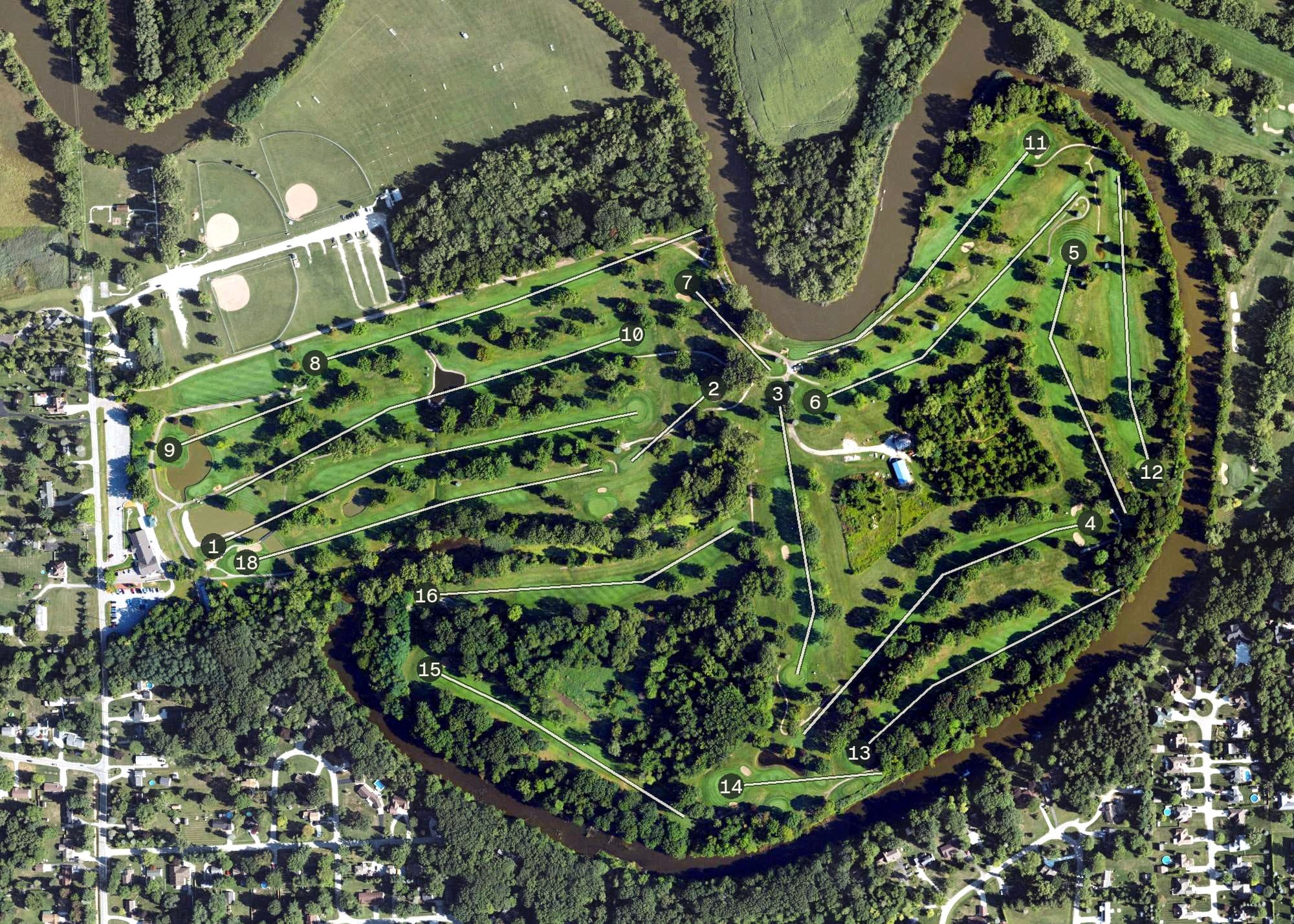 Aerial view of Port Huron Elks Lodge Golf Course, MI, with its hole routing marked