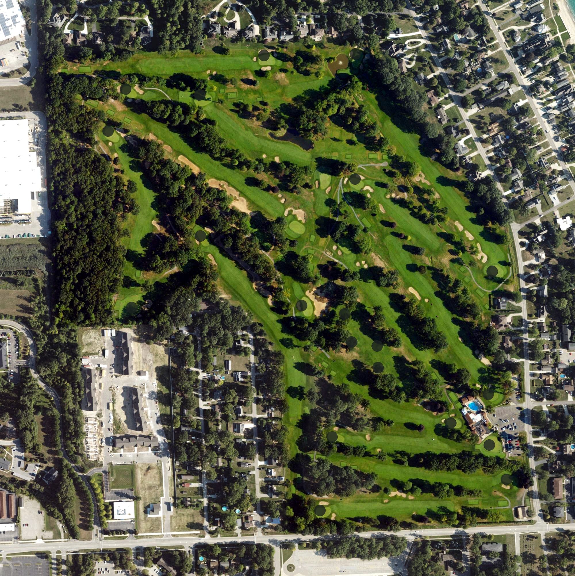 Aerial view of Port Huron Golf Club, MI, with its hole routing marked