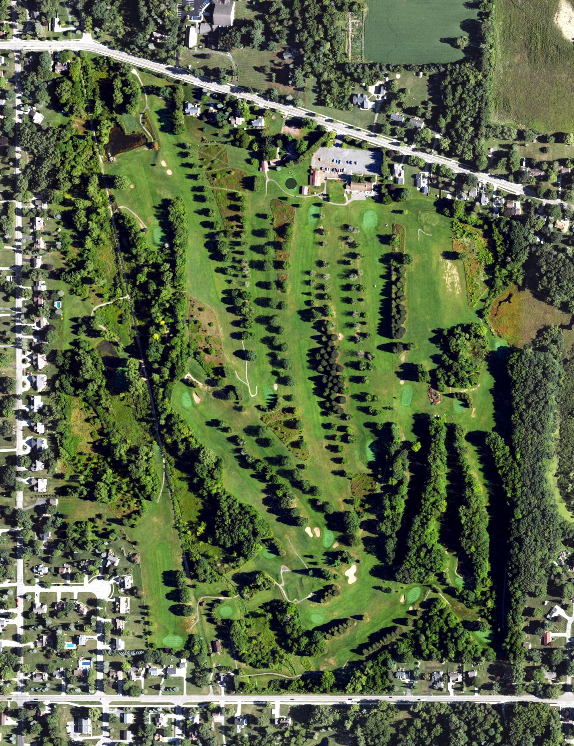Aerial view of Prairie Creek Golf Course, MI, with its hole routing marked