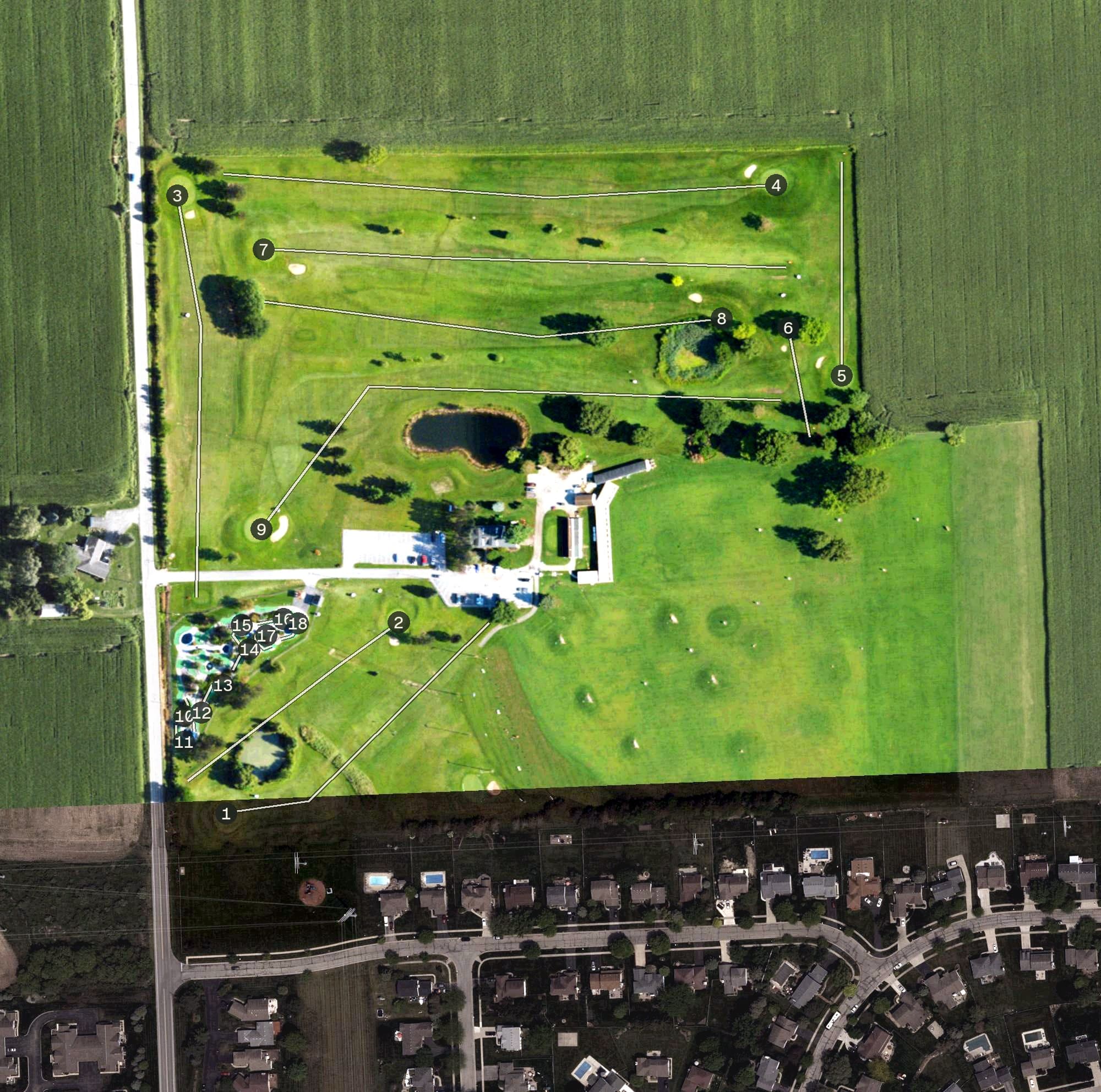 Aerial view of Quarry Ridge Golf Center, MI, with its hole routing marked