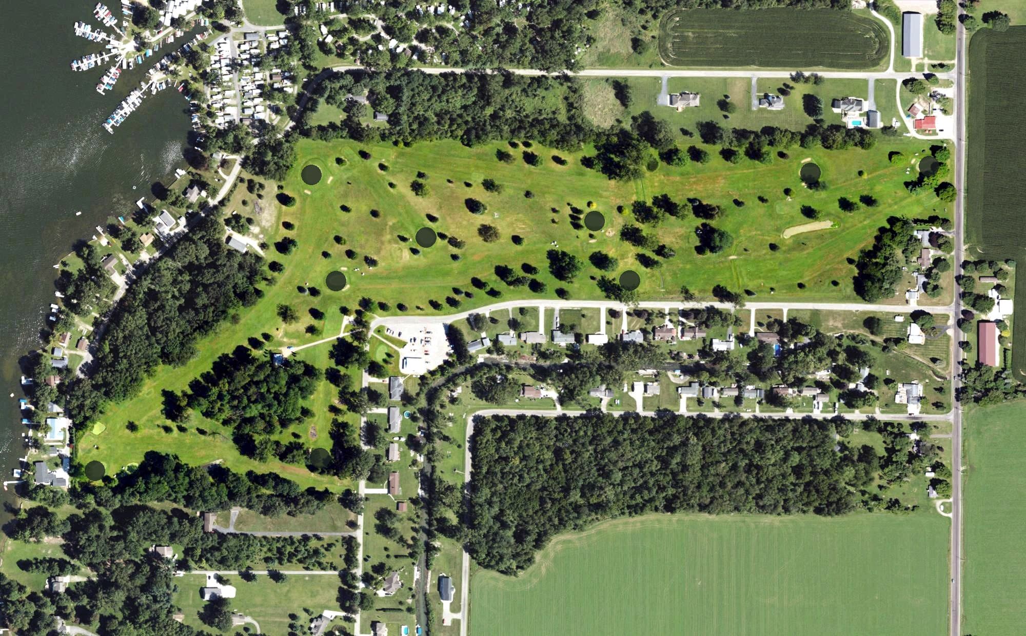 Aerial view of Quincy Golf Course, MI, with its hole routing marked