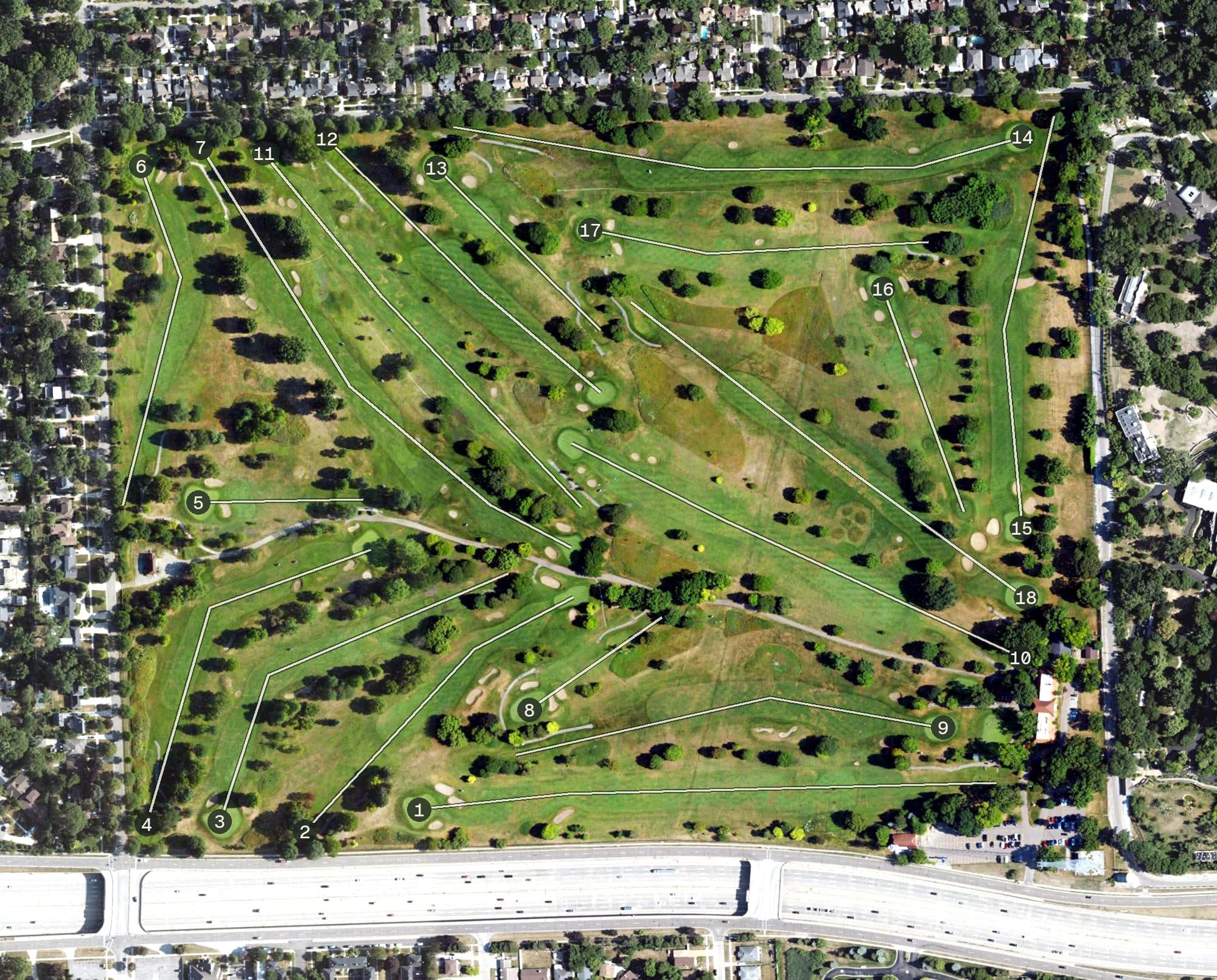 Aerial view of Rackham Golf Course, MI, with its hole routing marked