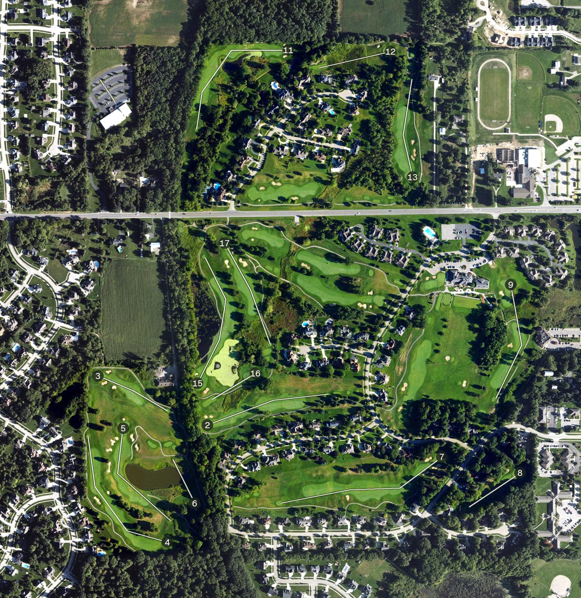 Aerial view of Railside Golf Club, MI, with its hole routing marked