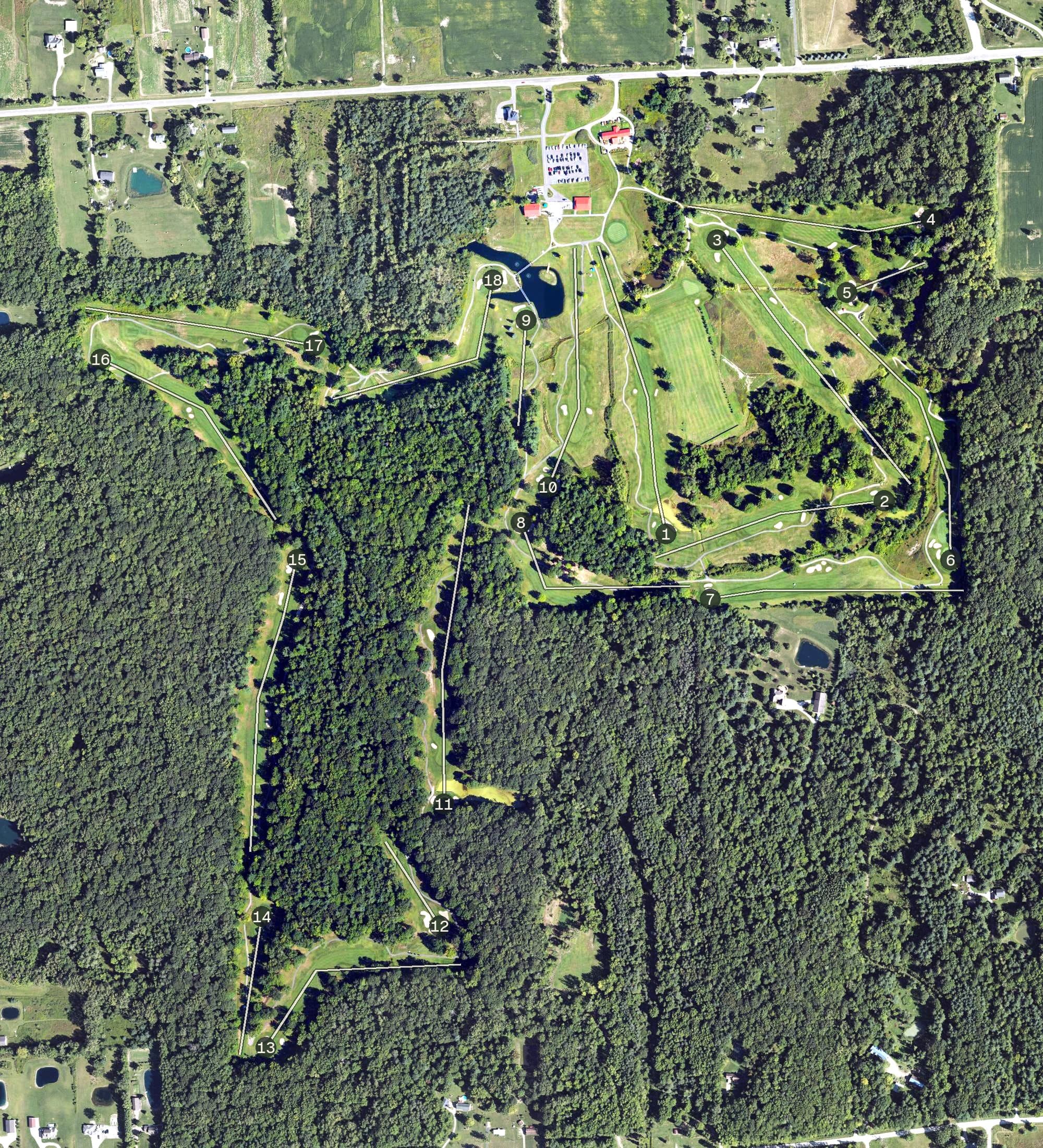 Aerial view of Rattle Run Golf Course, MI, with its hole routing marked