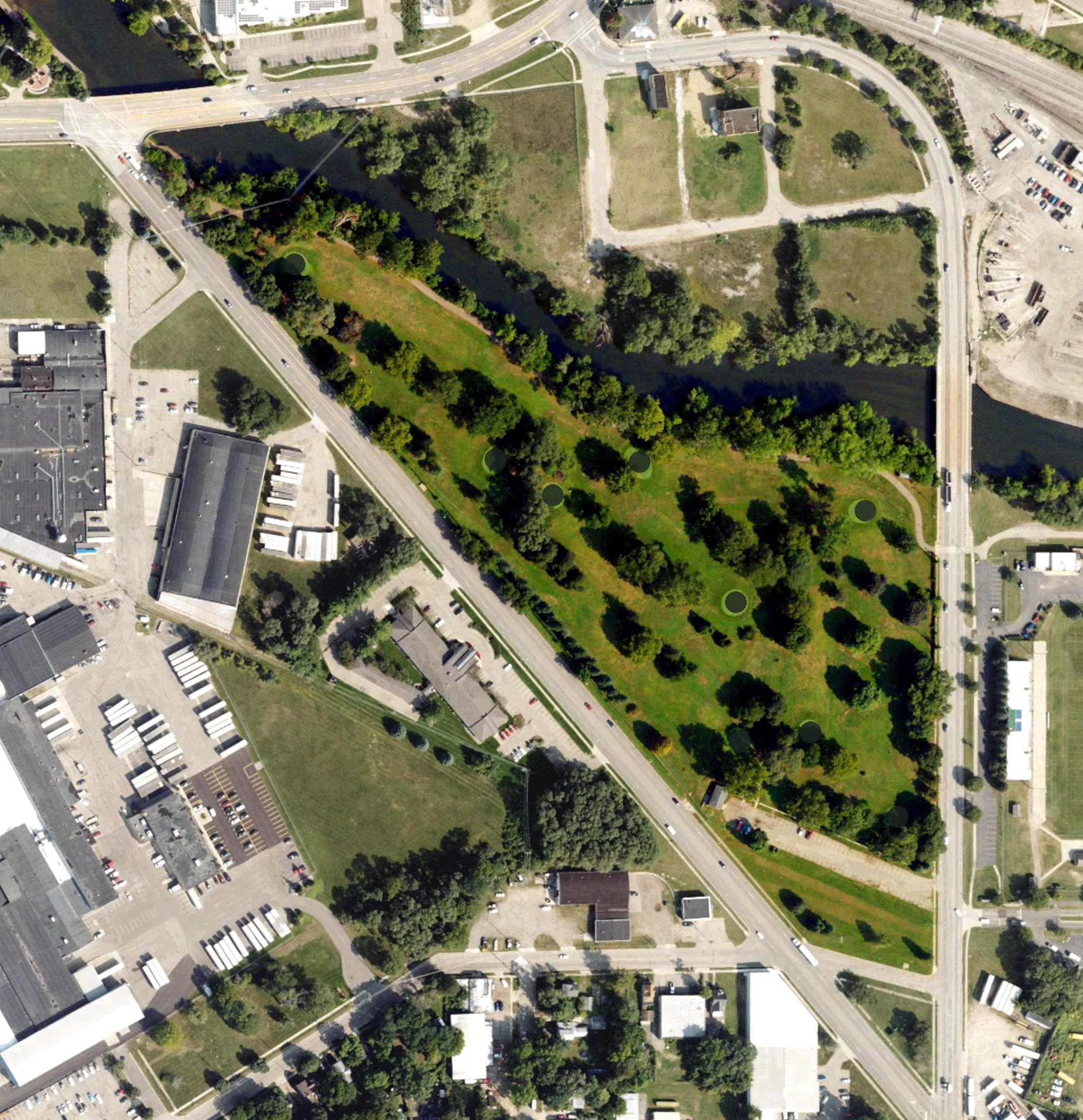 Aerial view of Red Arrow Golf Course, MI, with its hole routing marked