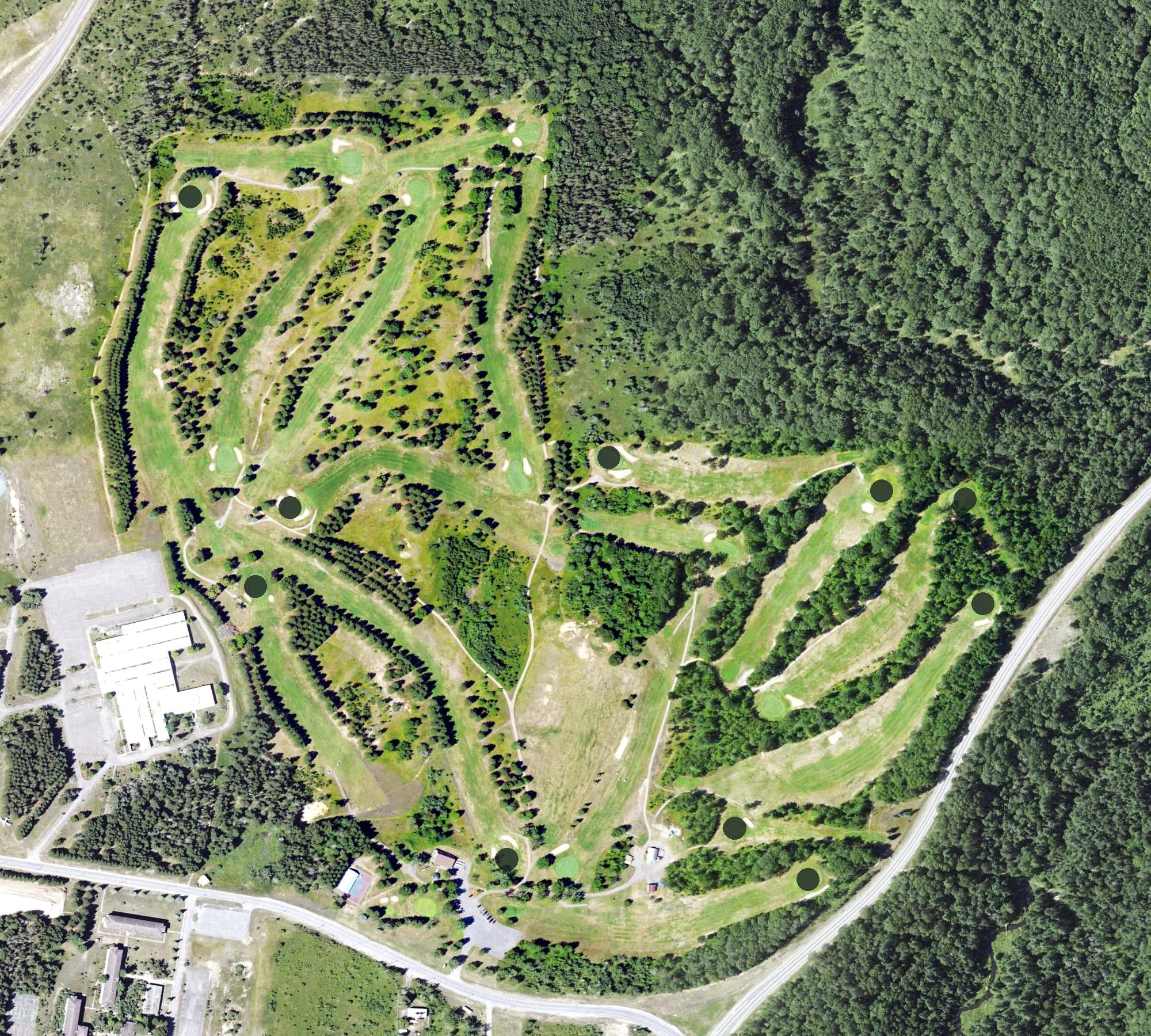 Aerial view of Red Fox Run, MI, with its hole routing marked