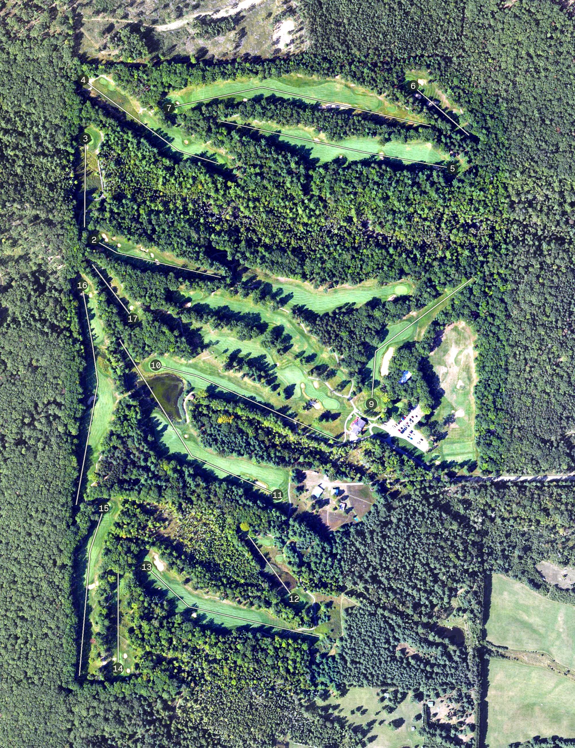 Aerial view of Red Hawk Golf Club, MI, with its hole routing marked