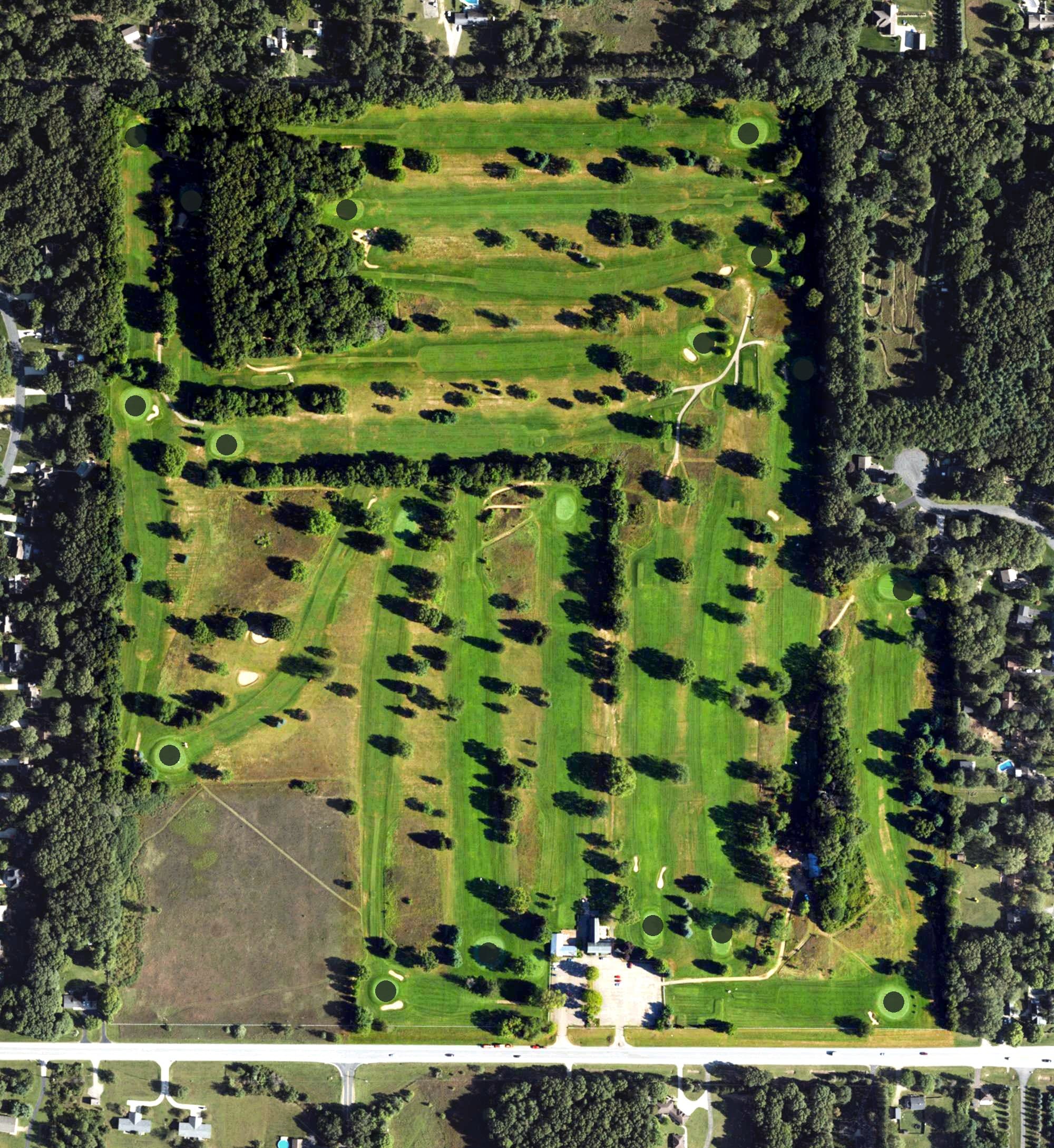 Aerial view of Ridgeview Golf Course, MI, with its hole routing marked