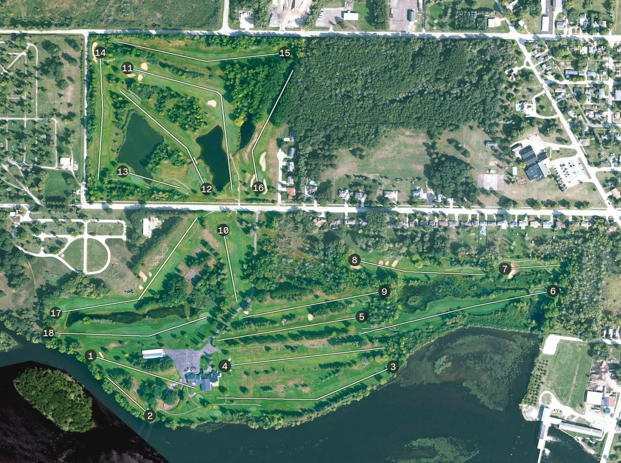 Aerial view of Riverside Country Club, MI, with its hole routing marked