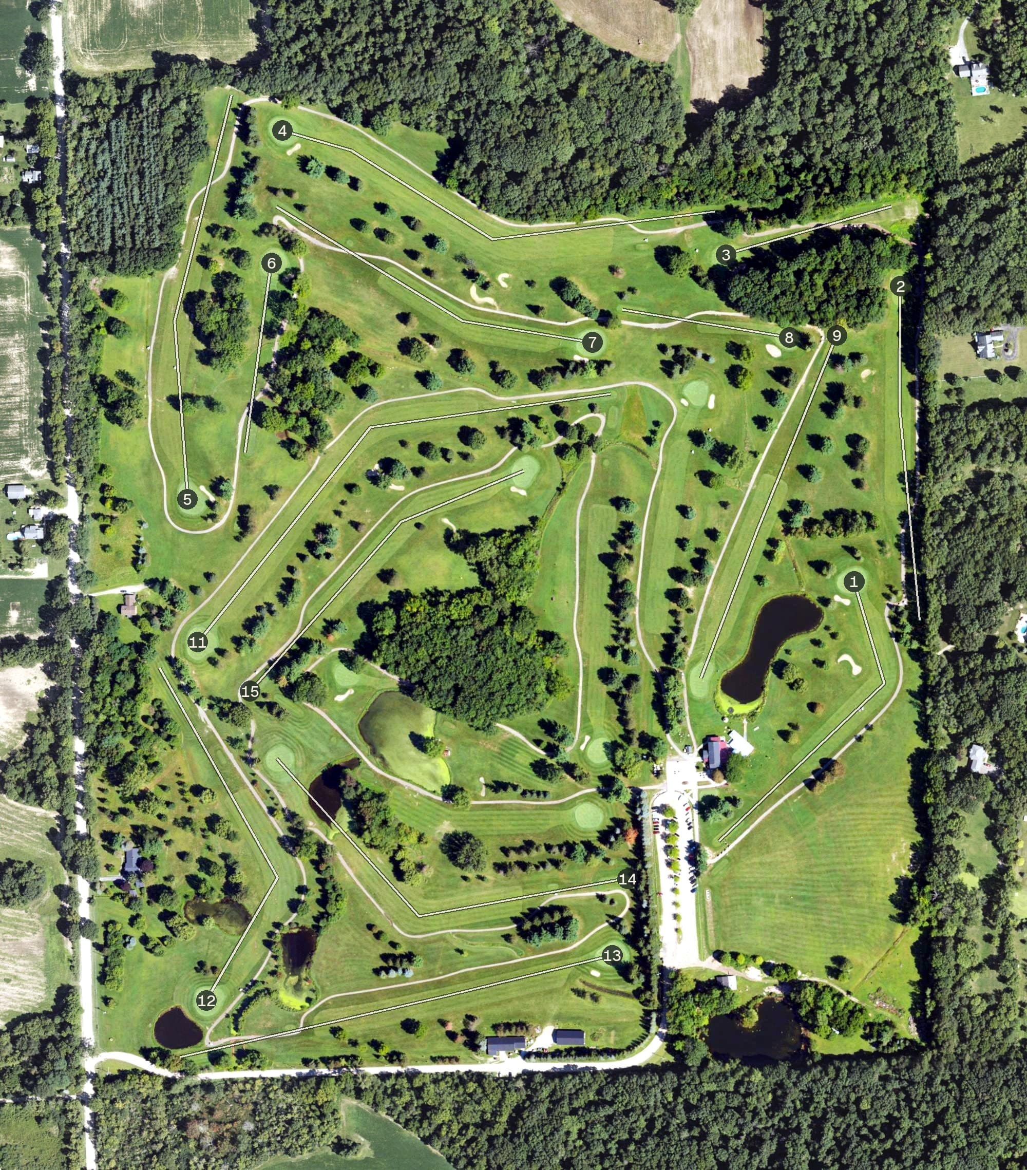 Aerial view of Rolling Meadows Golf Course, MI, with its hole routing marked