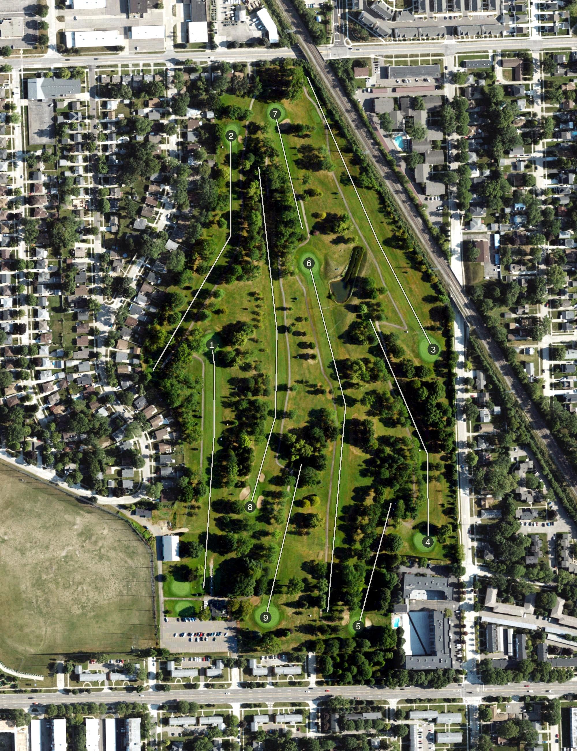 Aerial view of Royal Oak Golf Club, MI, with its hole routing marked
