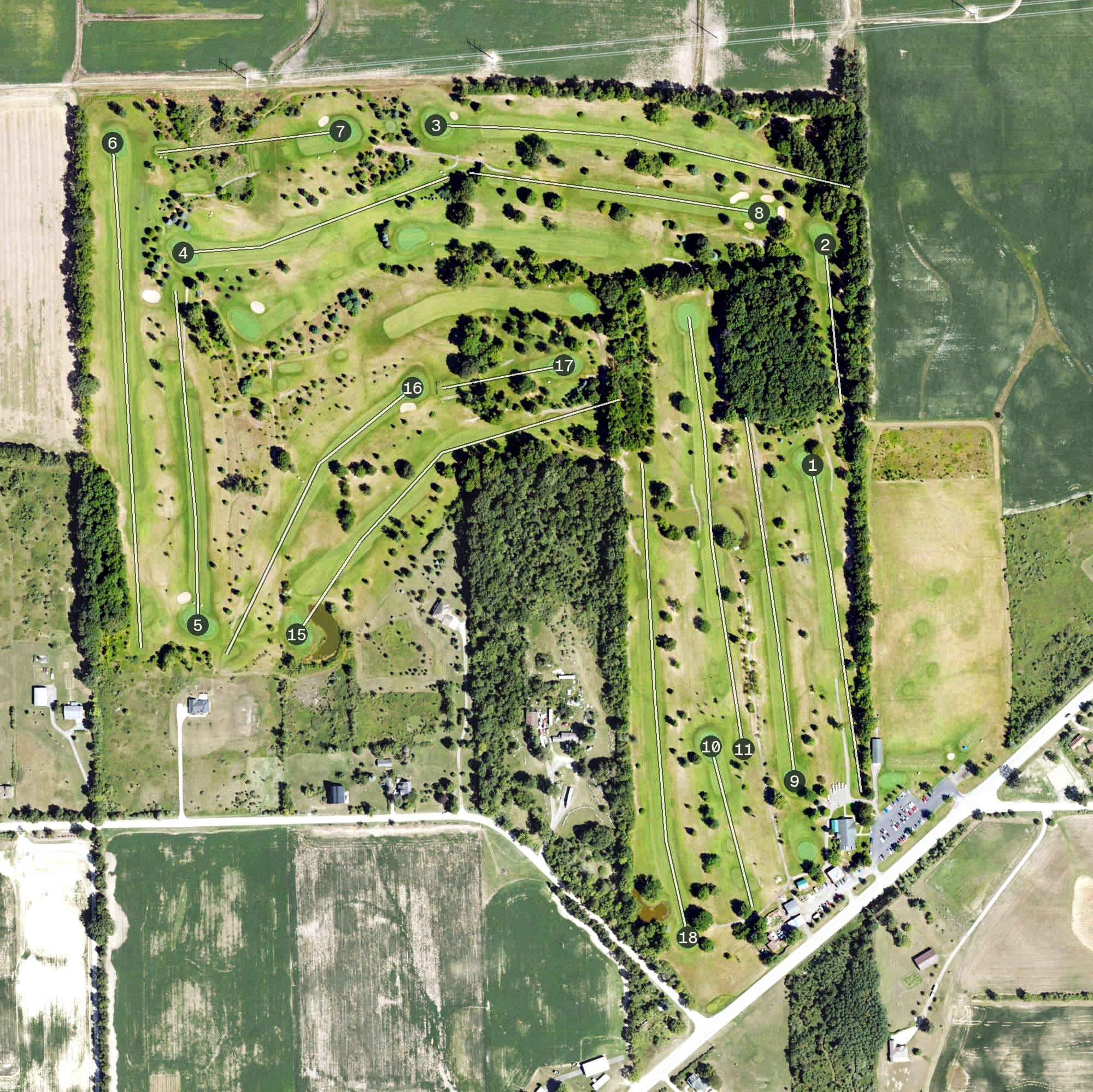 Aerial view of Rustic Glen Golf Course, MI, with its hole routing marked
