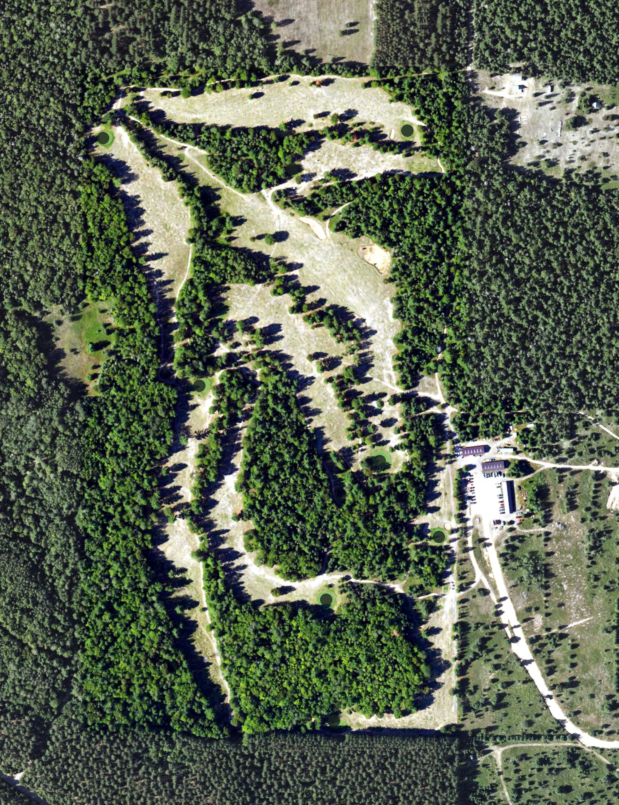 Aerial view of Sandy Pebbles Golf Course, MI, with its hole routing marked