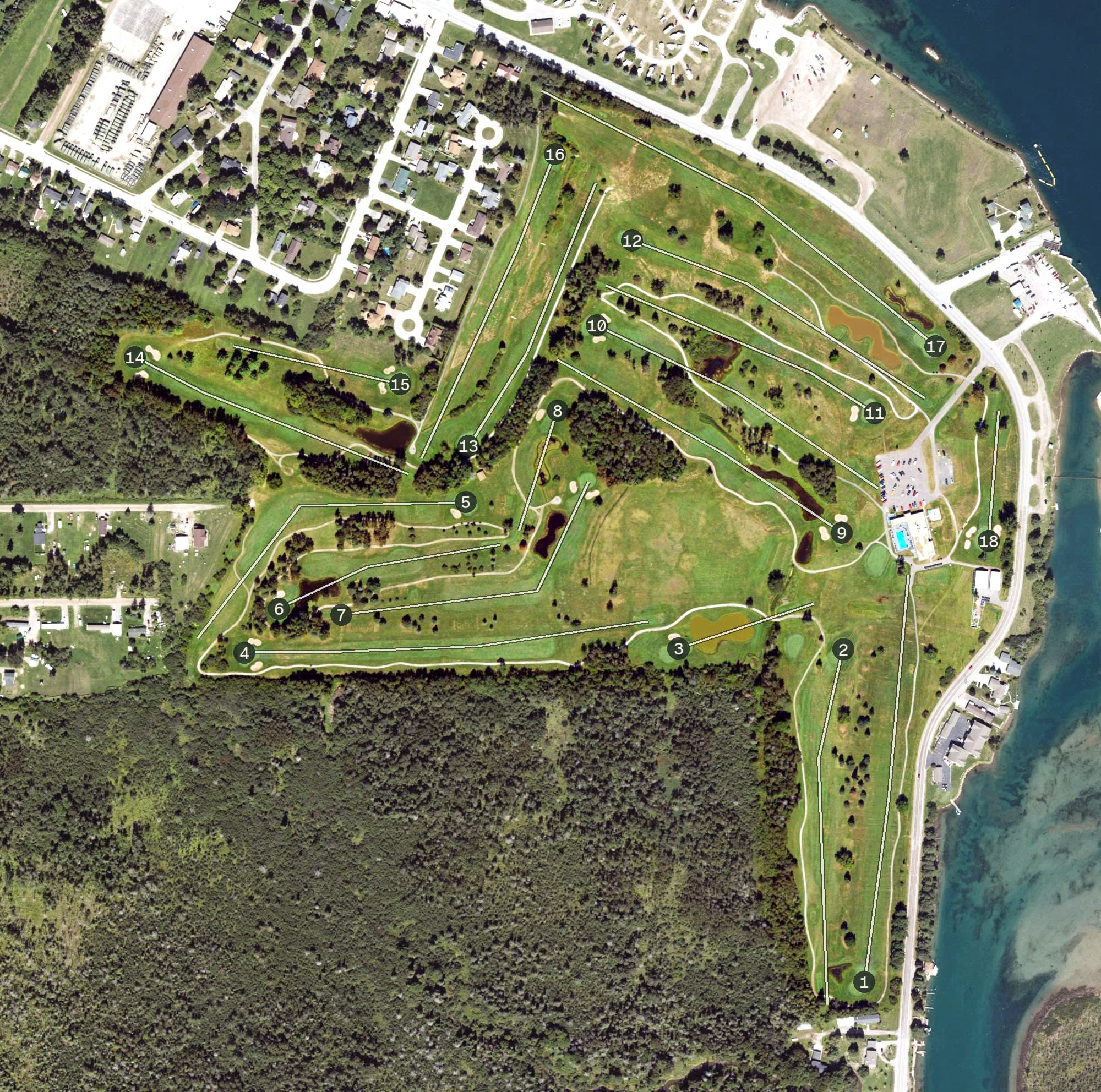Aerial view of Sault Sainte Marie Country Club, MI, with its hole routing marked