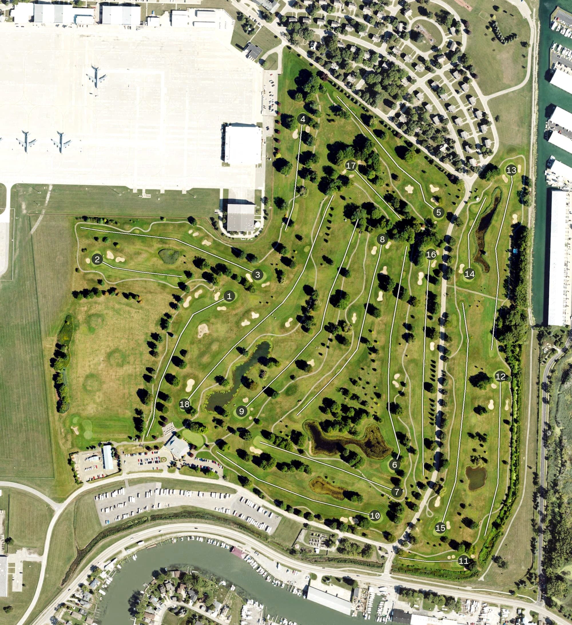 Aerial view of Selfridge ANGB Golf Course, MI, with its hole routing marked