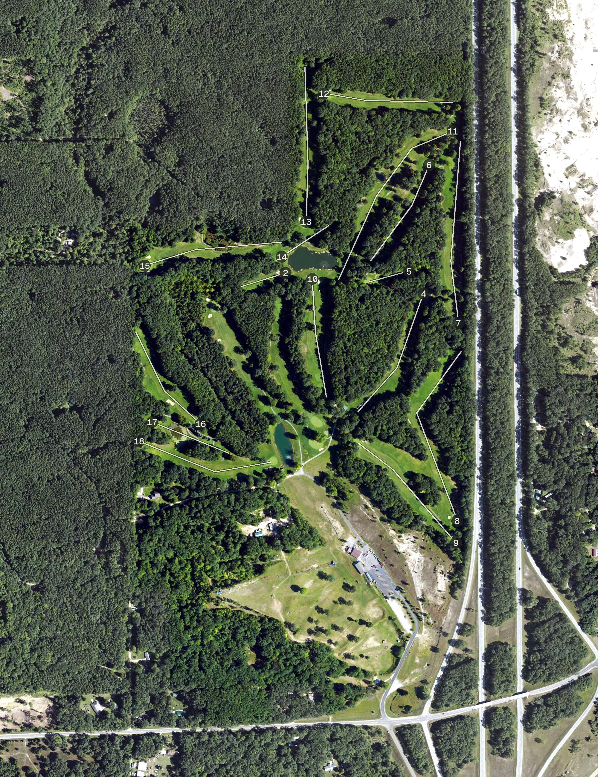 Aerial view of Snow Snake Golf Course, MI, with its hole routing marked