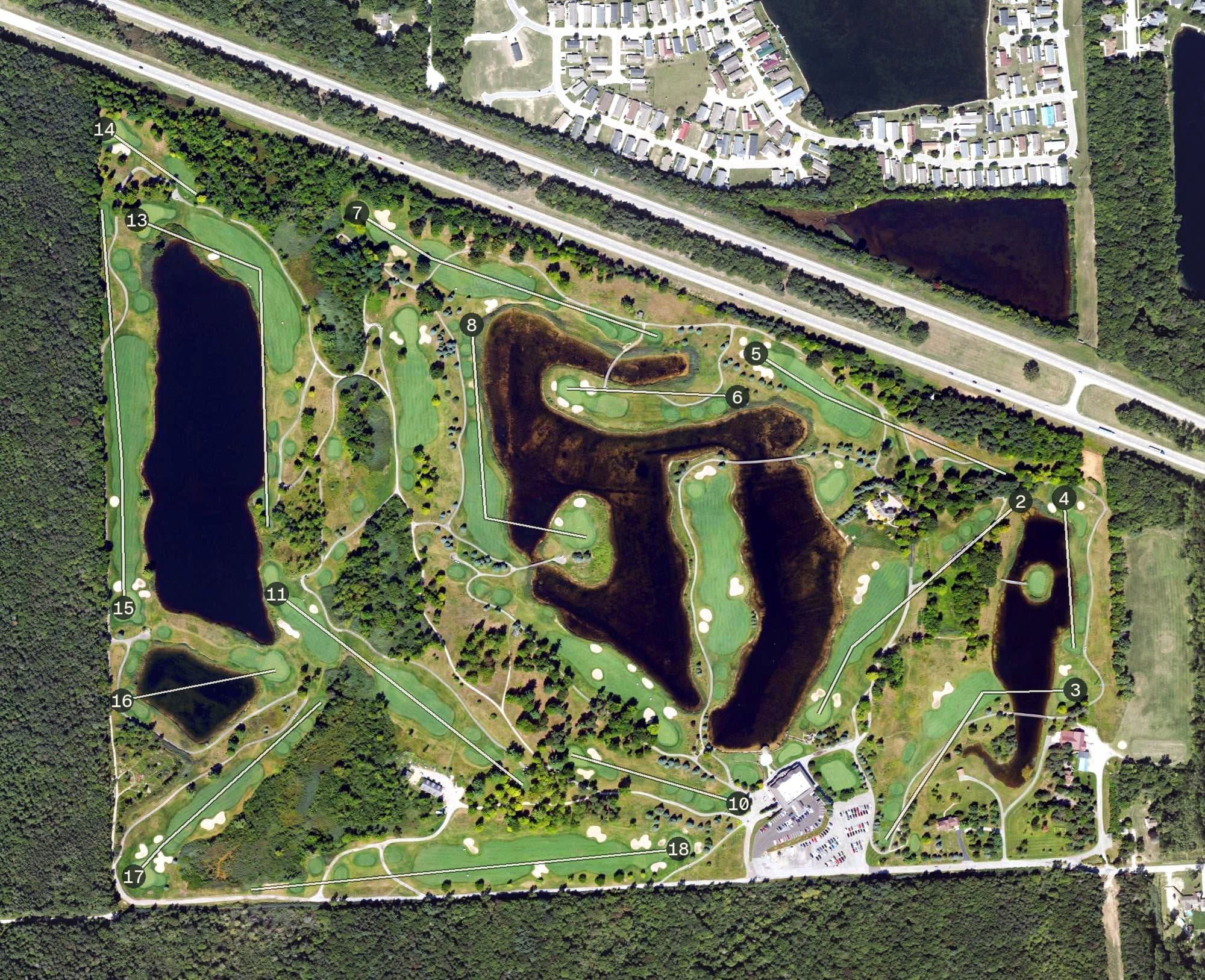 Aerial view of Solitude Links Golf Course & Banquet Center, MI, with its hole routing marked