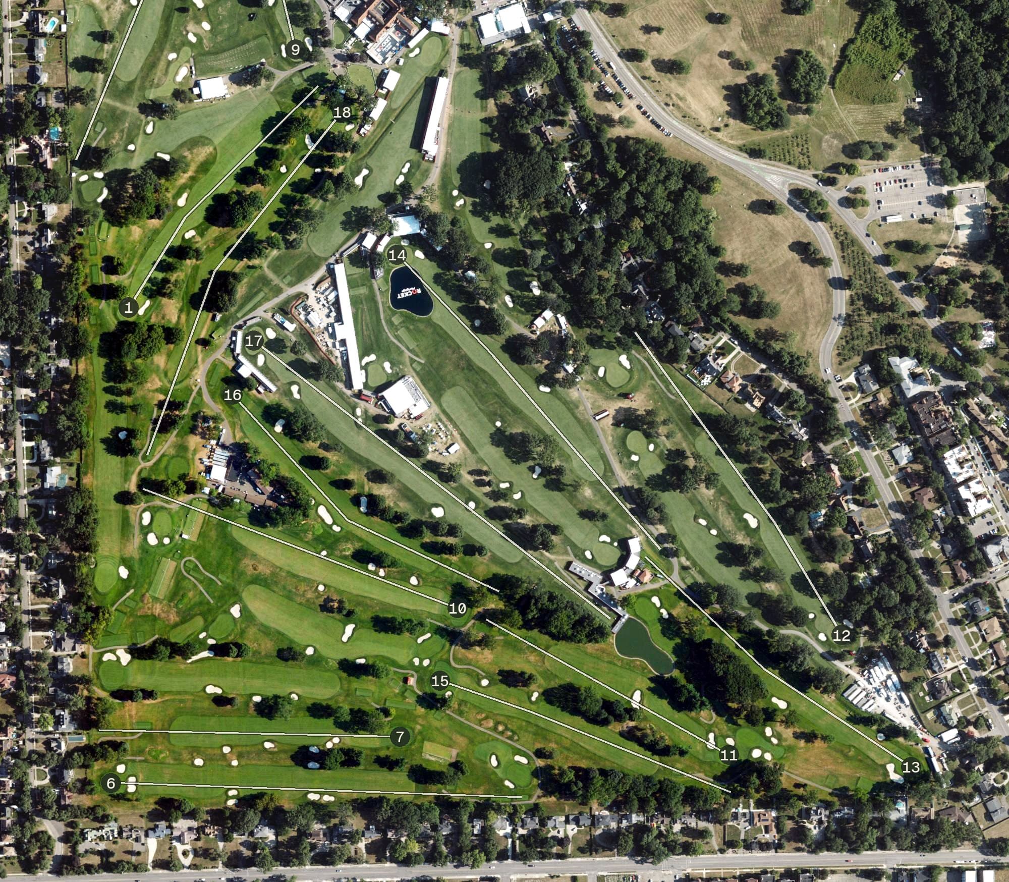 Aerial view of South Course, MI, with its hole routing marked